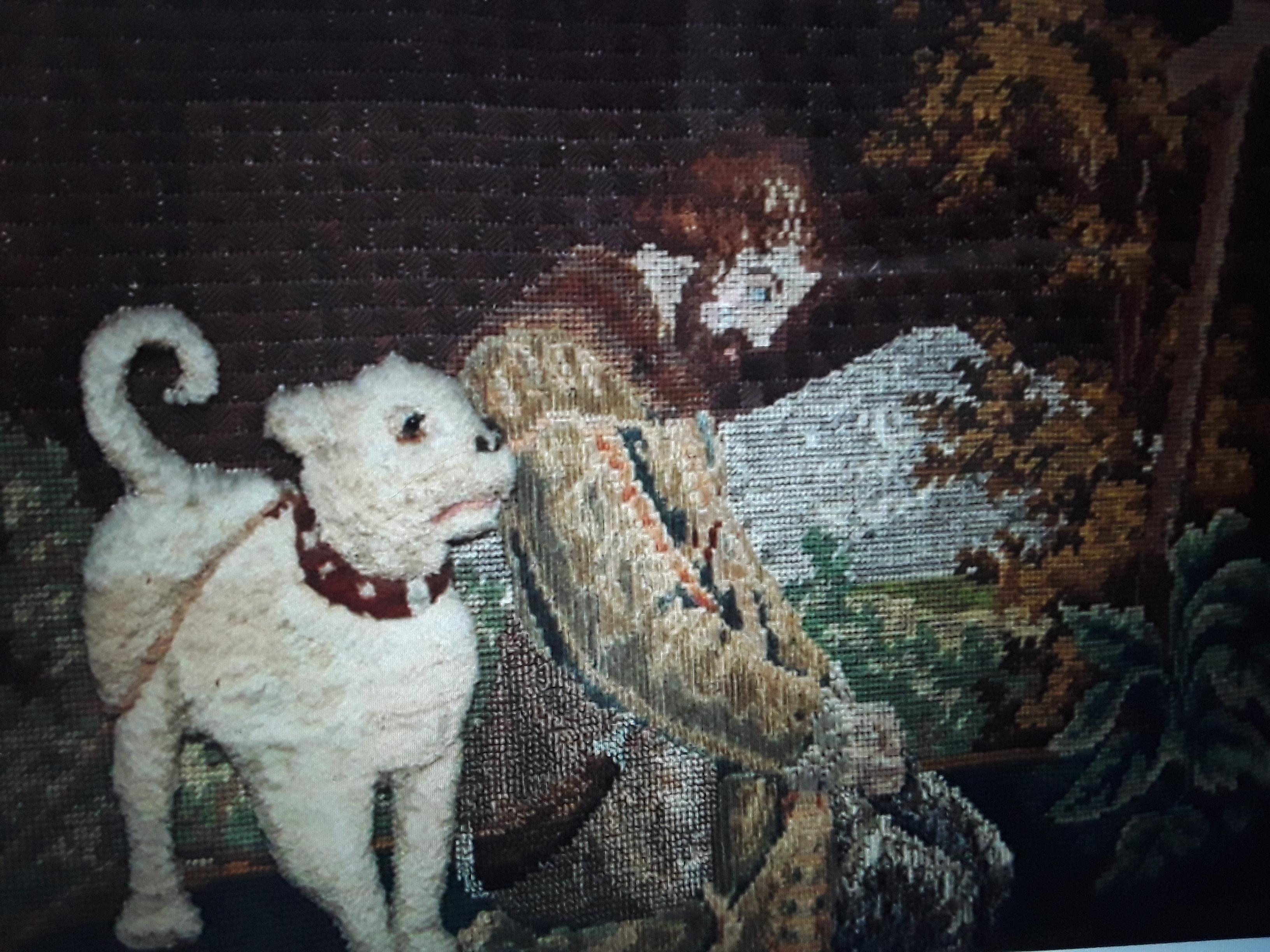 Antike frühe amerikanische handgestickte Glas-Schattenkasten-Szene, Mann und sein Hund, um 1800 im Angebot 5