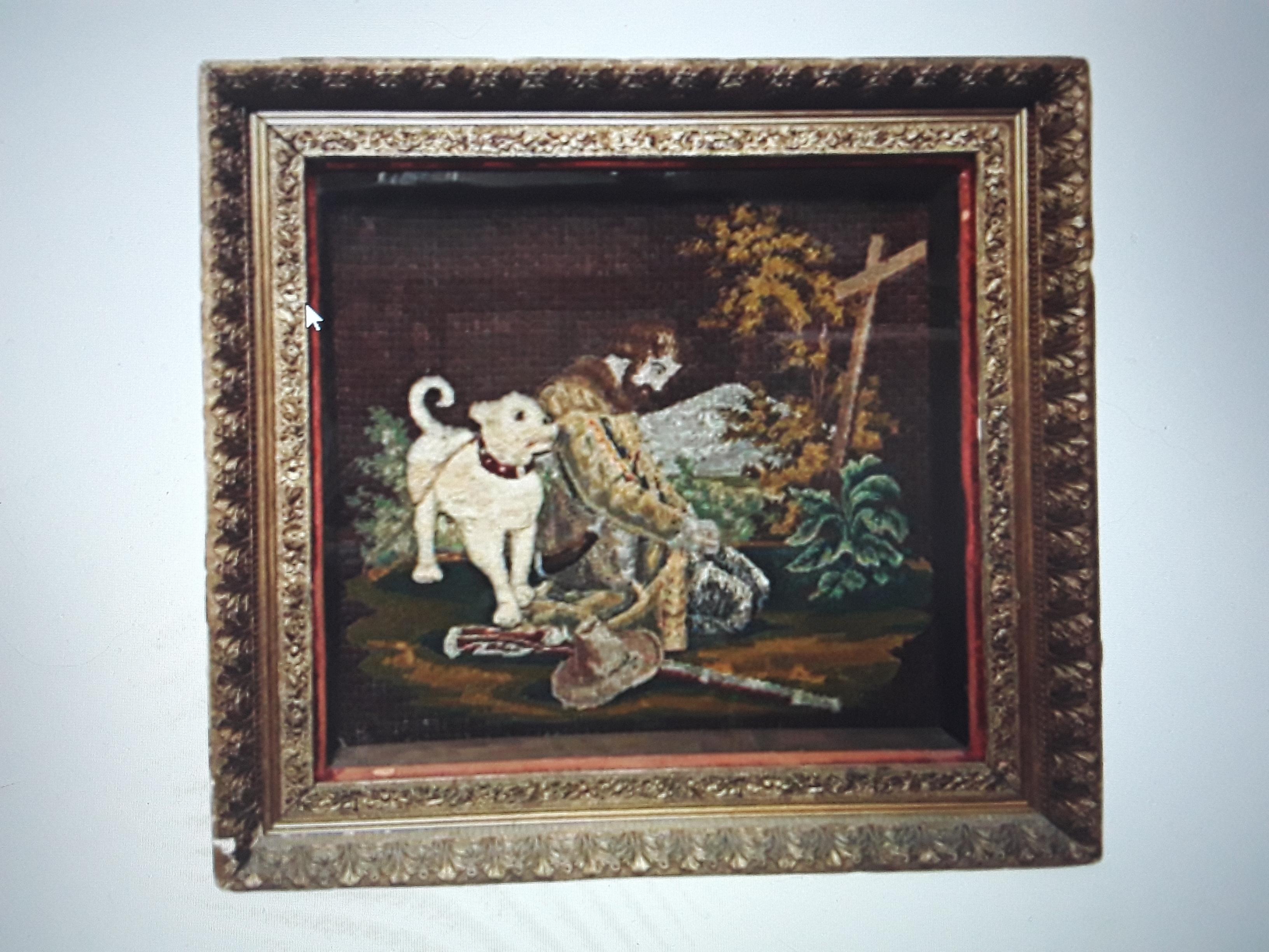 c1800 Antique Early American Hand Stitched Glass Shadow Box Scene Man & His Dog For Sale 6