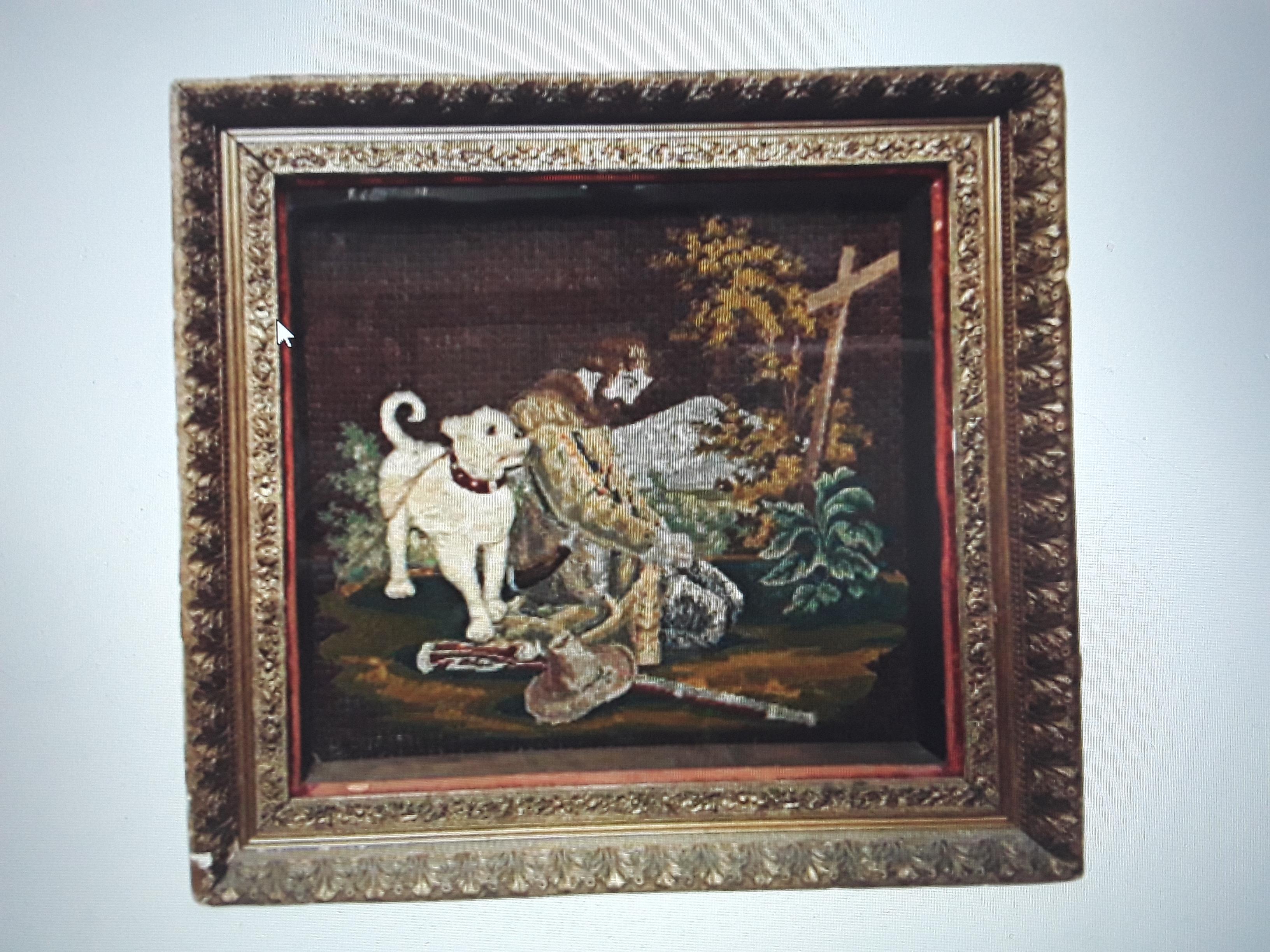 c1800 Antique Early American Hand Stitched Glass Shadow Box Scene Man & His Dog For Sale 7