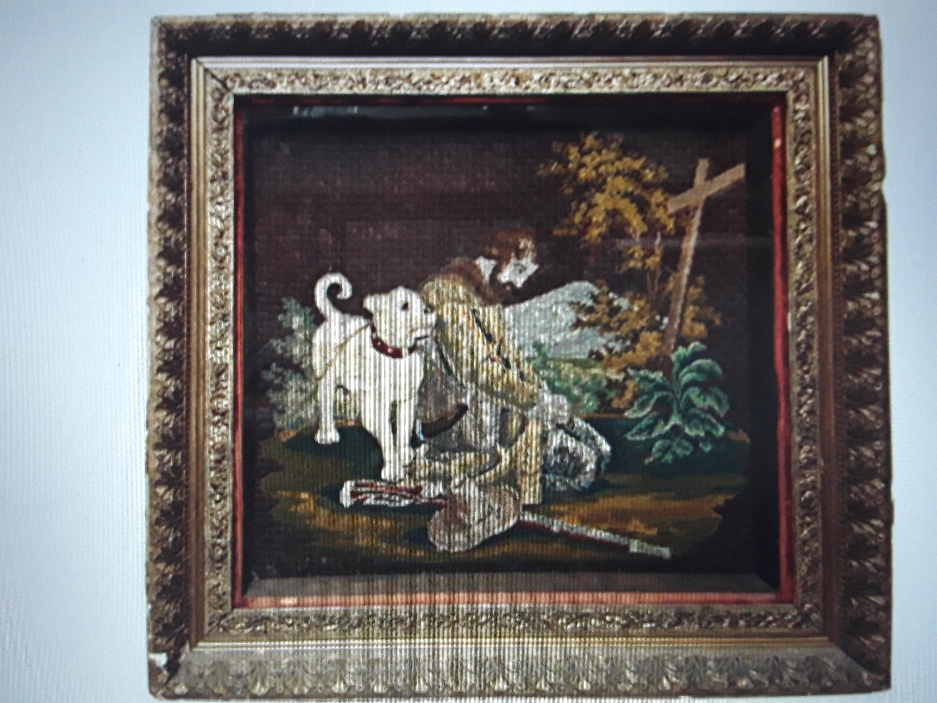 c1800 Antique Early American Hand Stitched Glass Shadow Box Scene Man & His Dog. Man is saying his prayers in front of the cross. Doggie looking beautiful in fluffy hand stitched material with his glass eyes. In a giltwood shadow box.