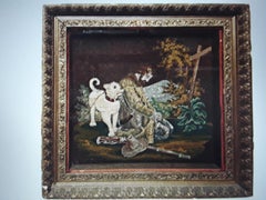 c1800 Antique Early American Hand Stitched Glass Shadow Box Scene Man & His Dog