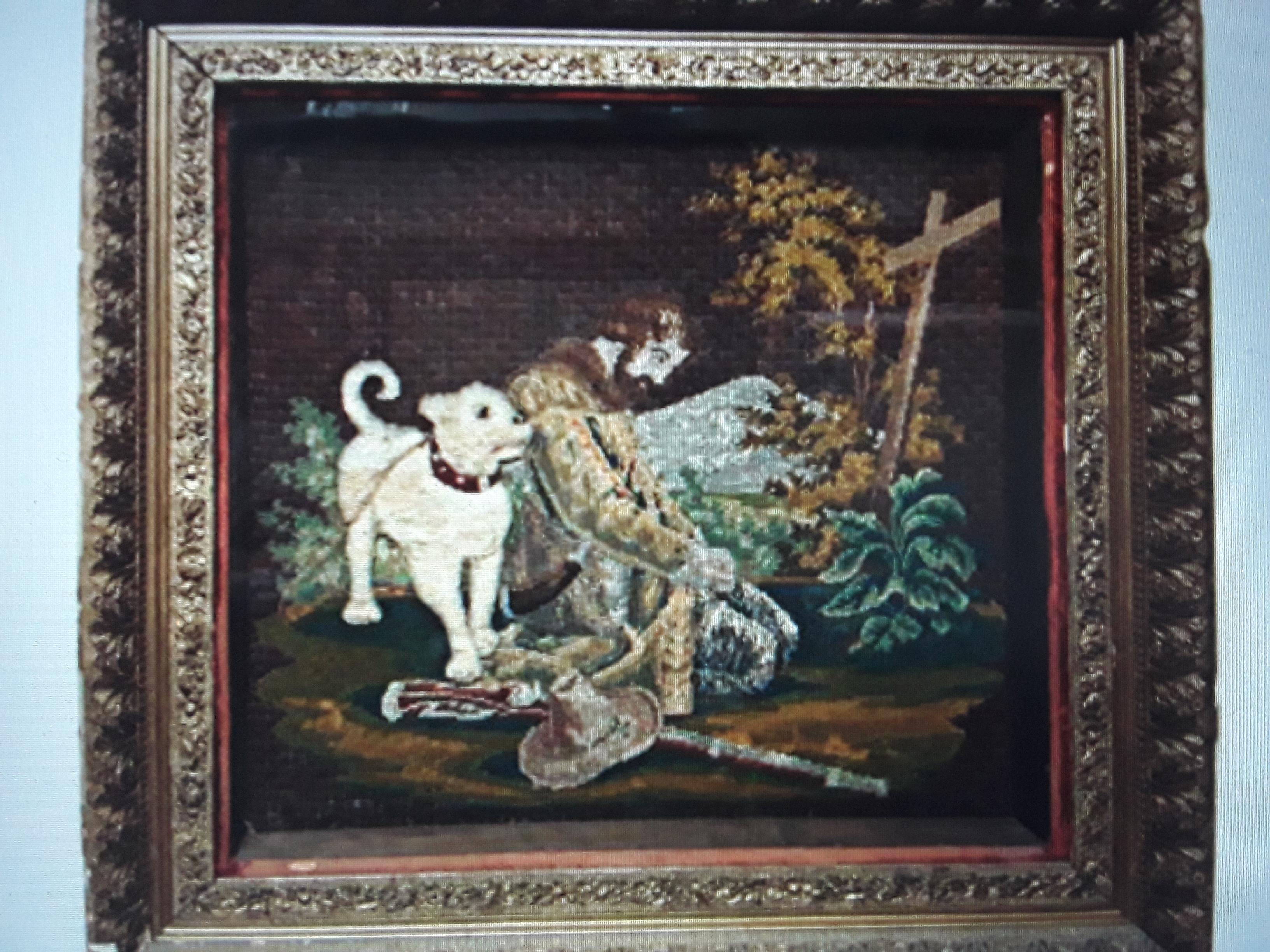 American Classical c1800 Antique Early American Hand Stitched Glass Shadow Box Scene Man & His Dog For Sale