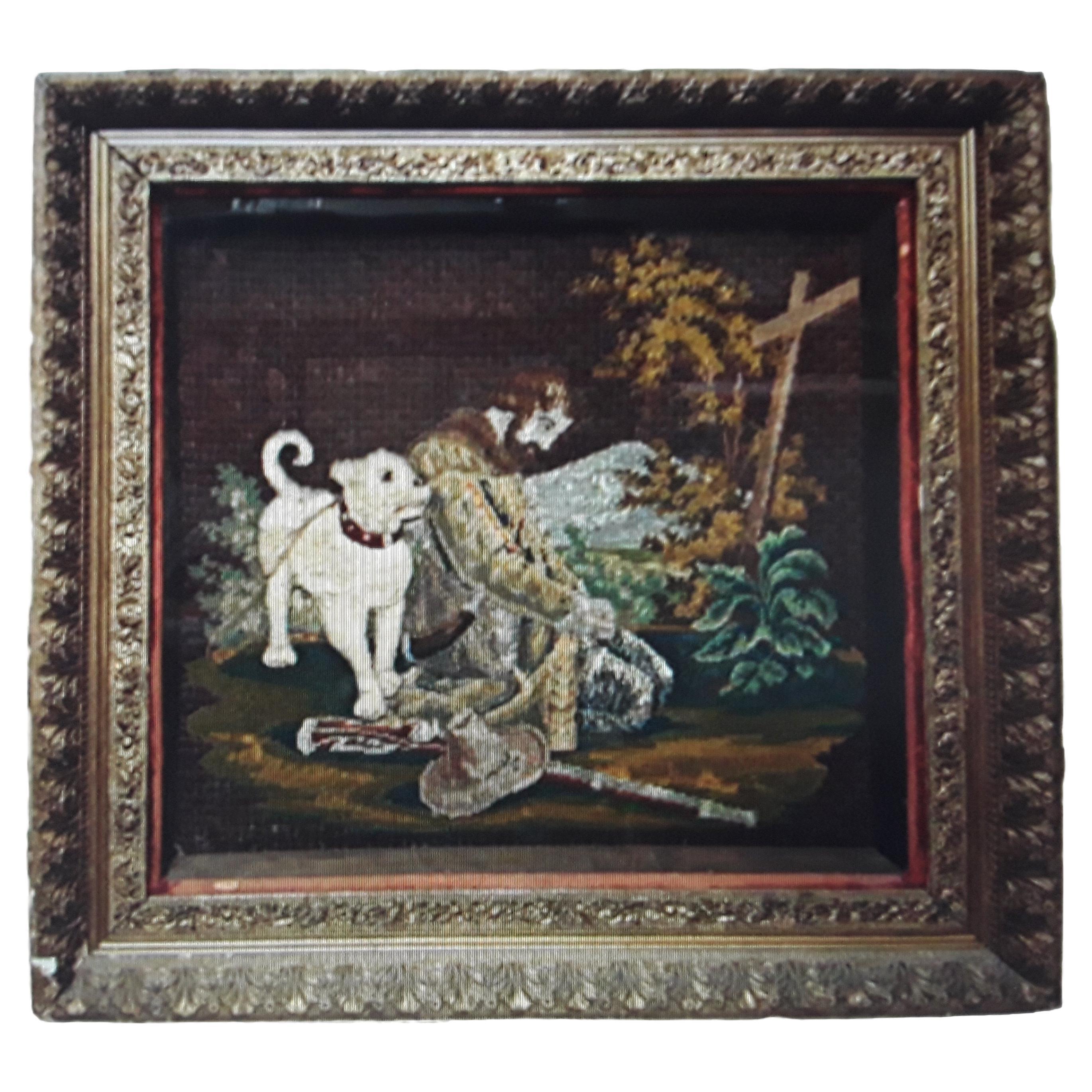 Antike frühe amerikanische handgestickte Glas-Schattenkasten-Szene, Mann und sein Hund, um 1800 im Angebot