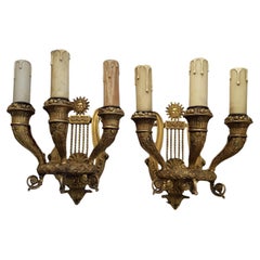 c1800 Pair French Louis XIV "The Sun King" Gilt Bronze Figural Wall Sconces 