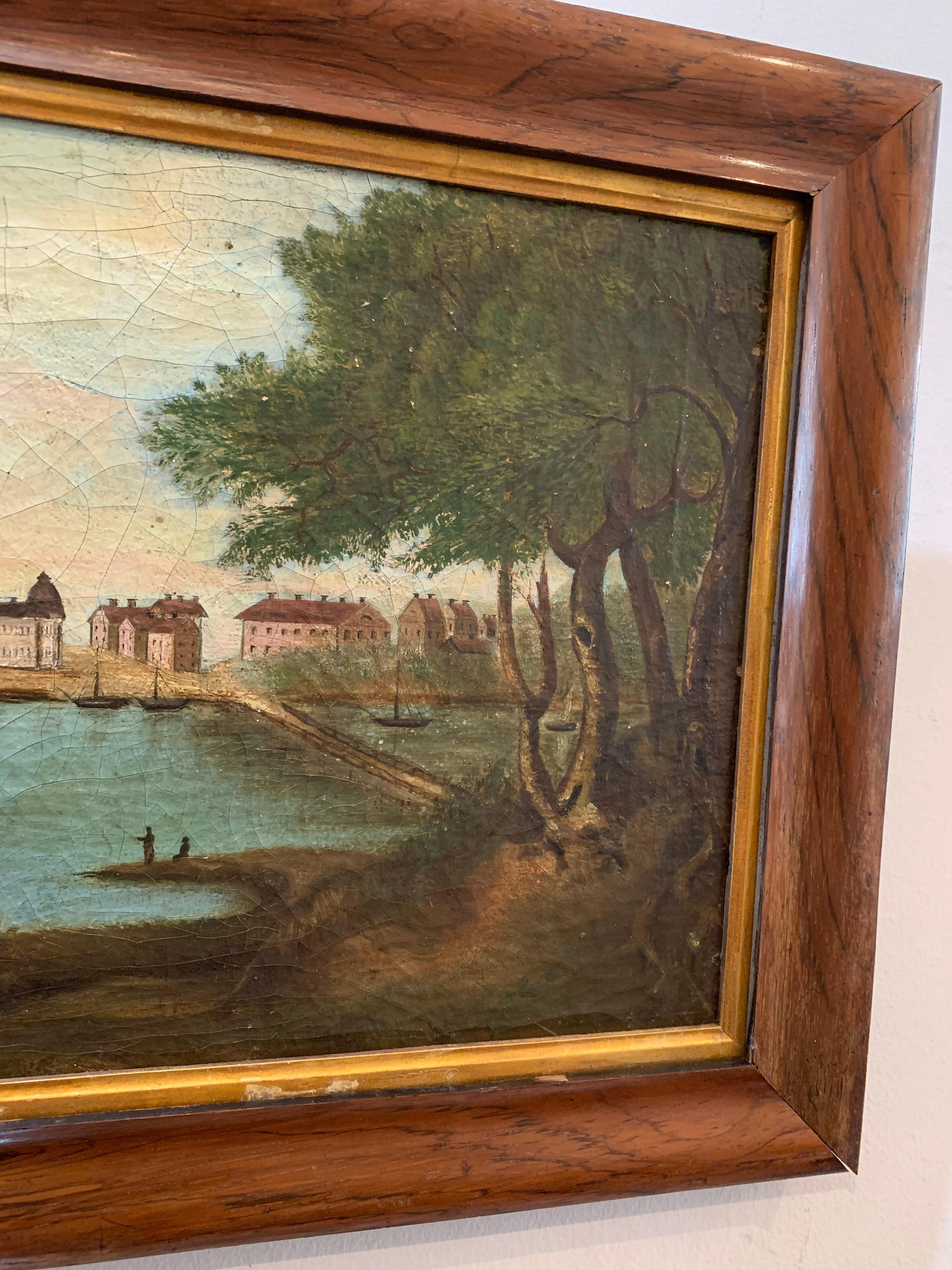 Gustavian C1800s naive Swedish oil painting of a castle & lake scene For Sale