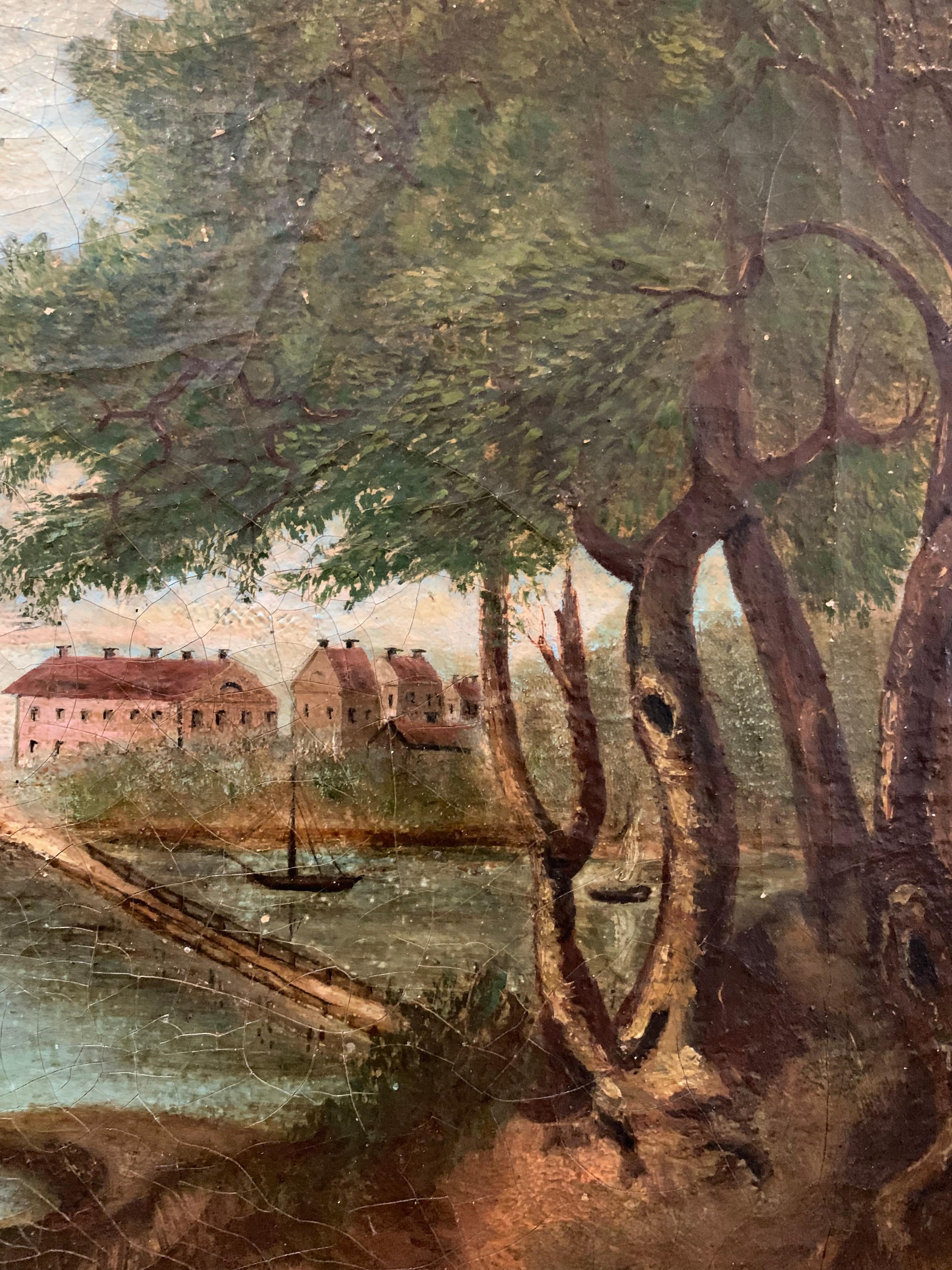 C1800s naive Swedish oil painting of a castle & lake scene In Good Condition For Sale In London, GB