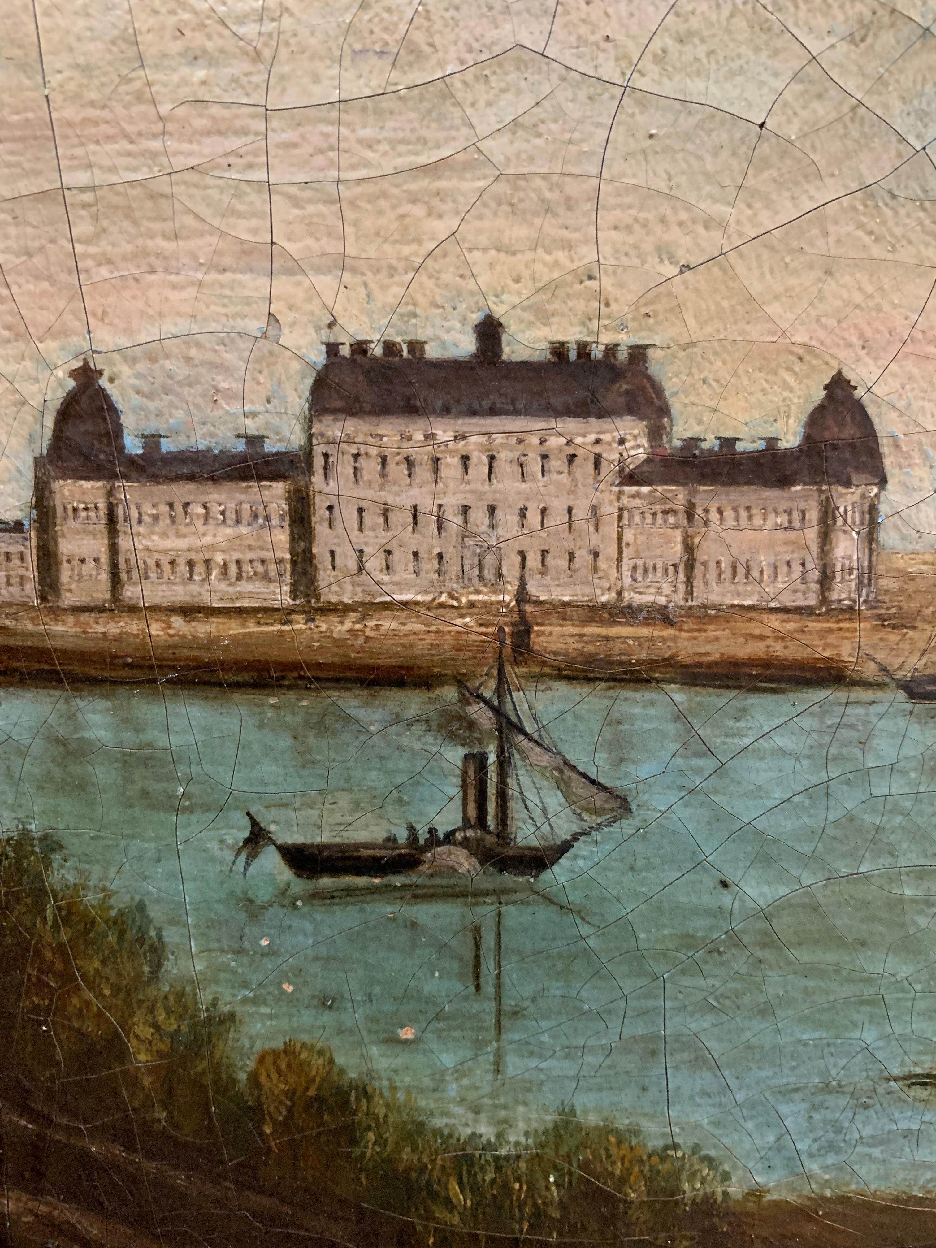 Late 18th Century C1800s naive Swedish oil painting of a castle & lake scene For Sale