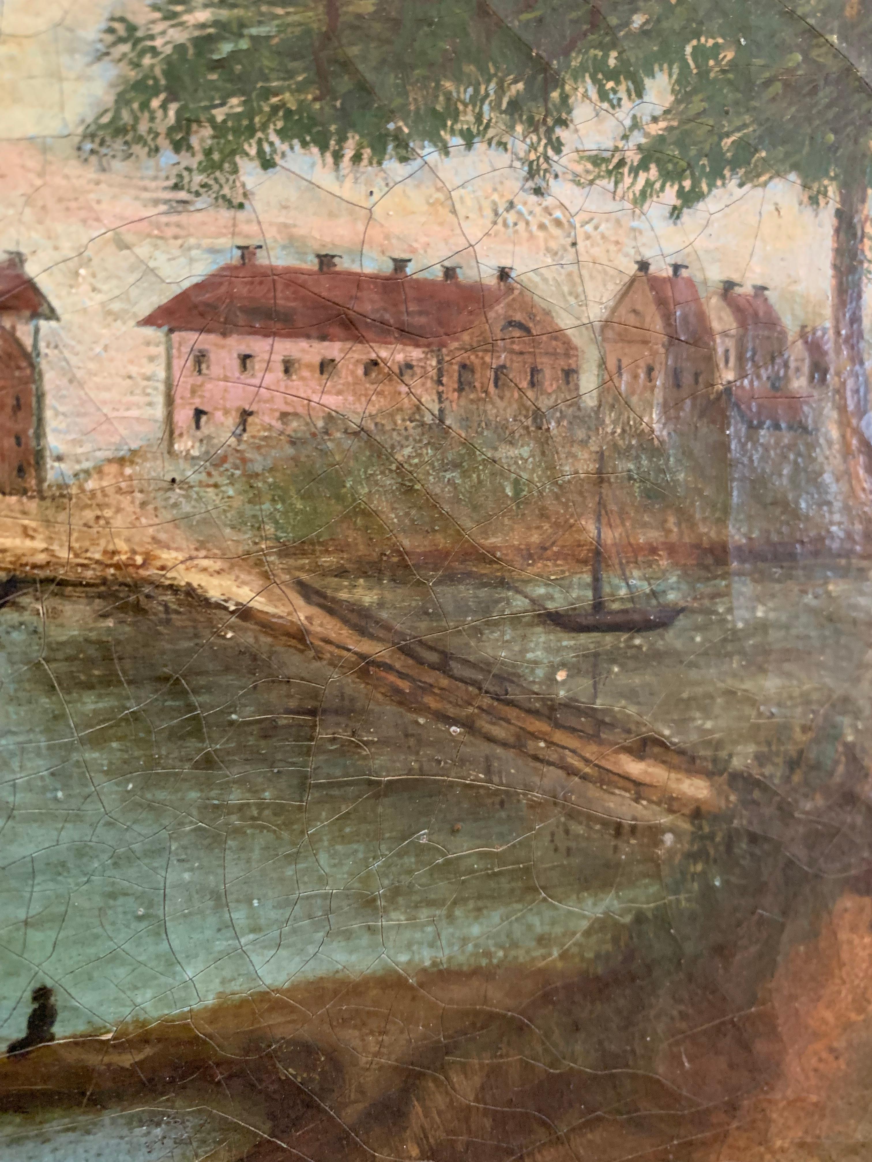 Canvas C1800s naive Swedish oil painting of a castle & lake scene For Sale