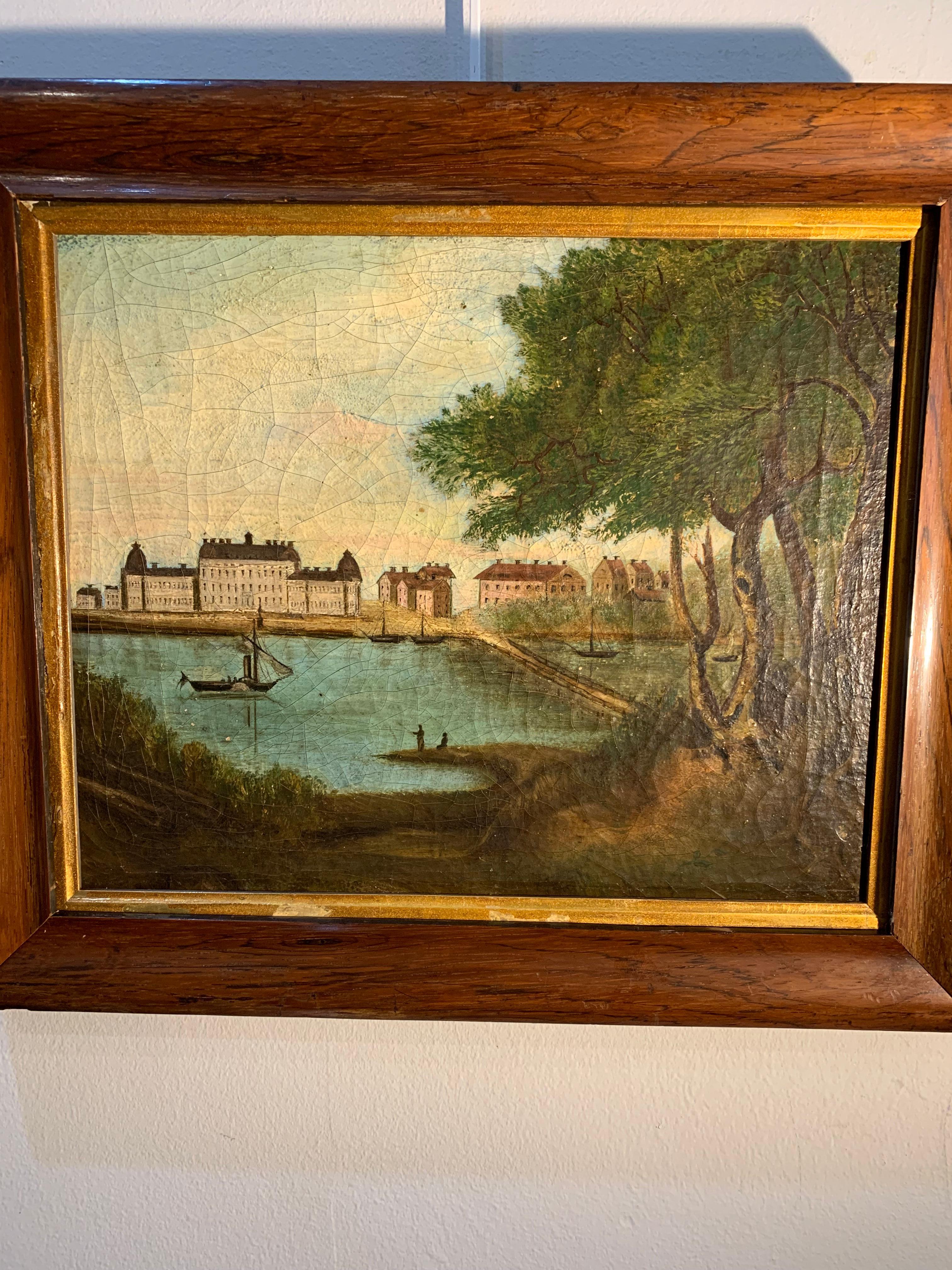 C1800s naive Swedish oil painting of a castle & lake scene For Sale 2