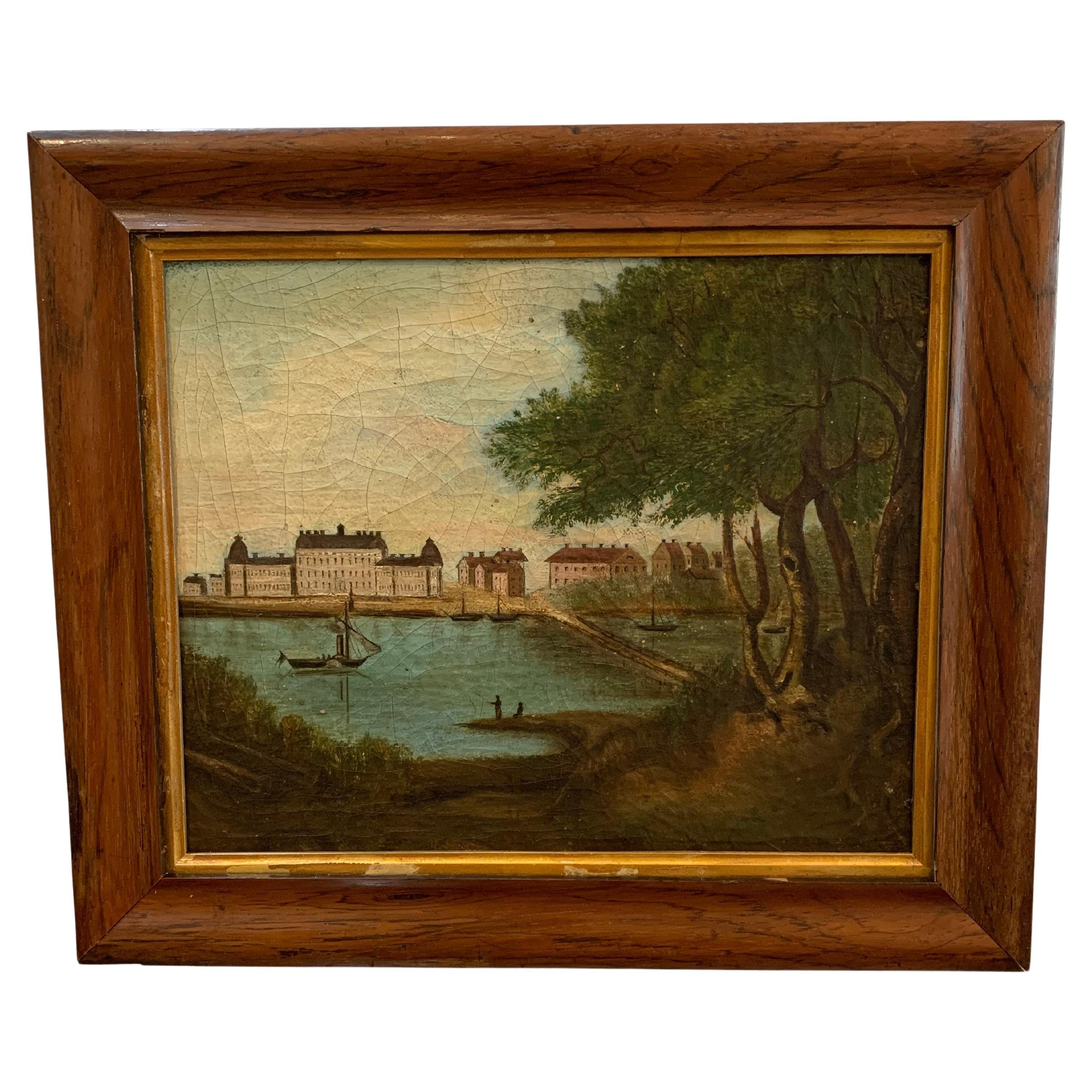 C1800s naive Swedish oil painting of a castle & lake scene For Sale