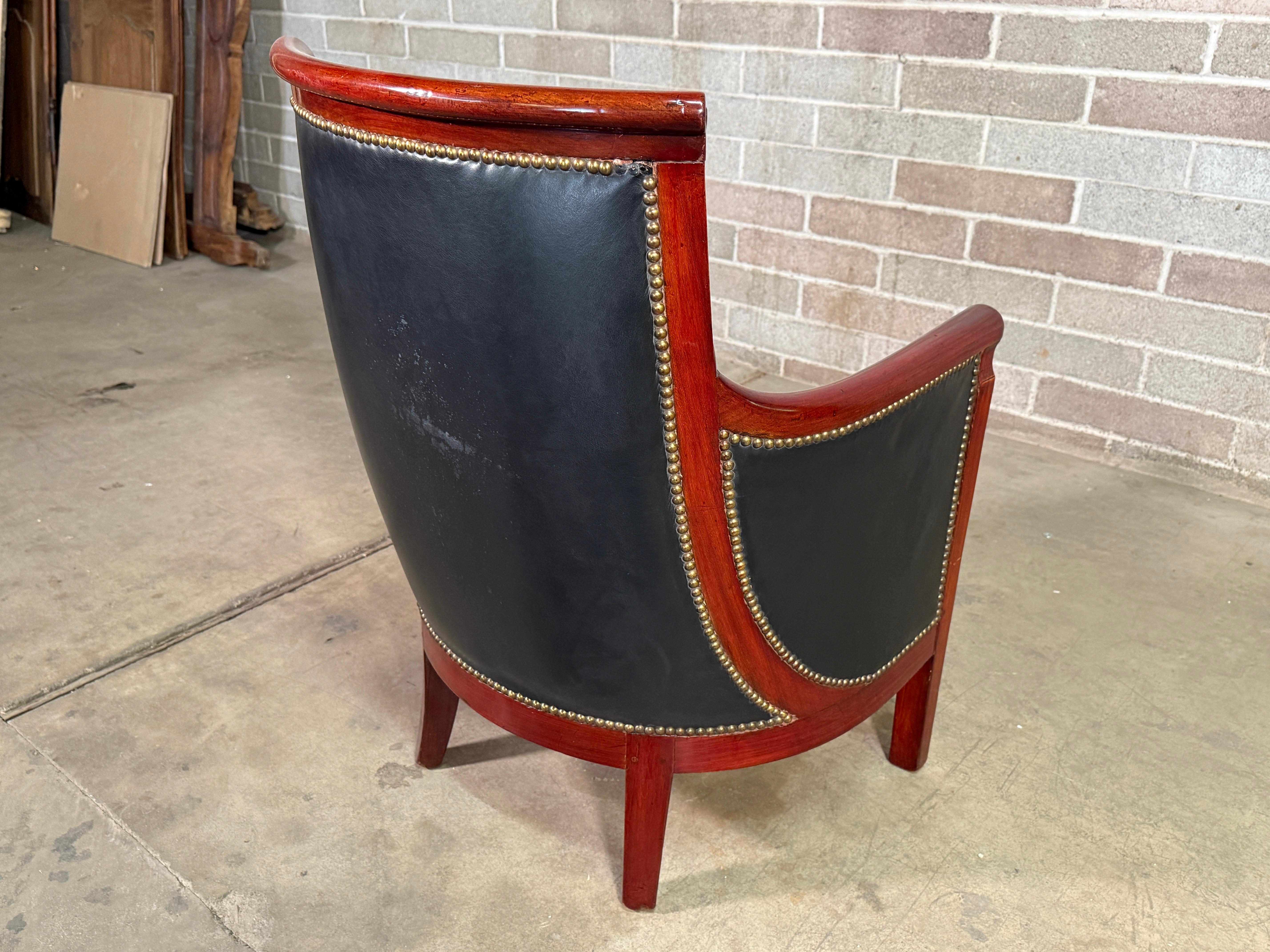18th Century French Empire Mahogany Bergere With Blade Leather Upholstery For Sale