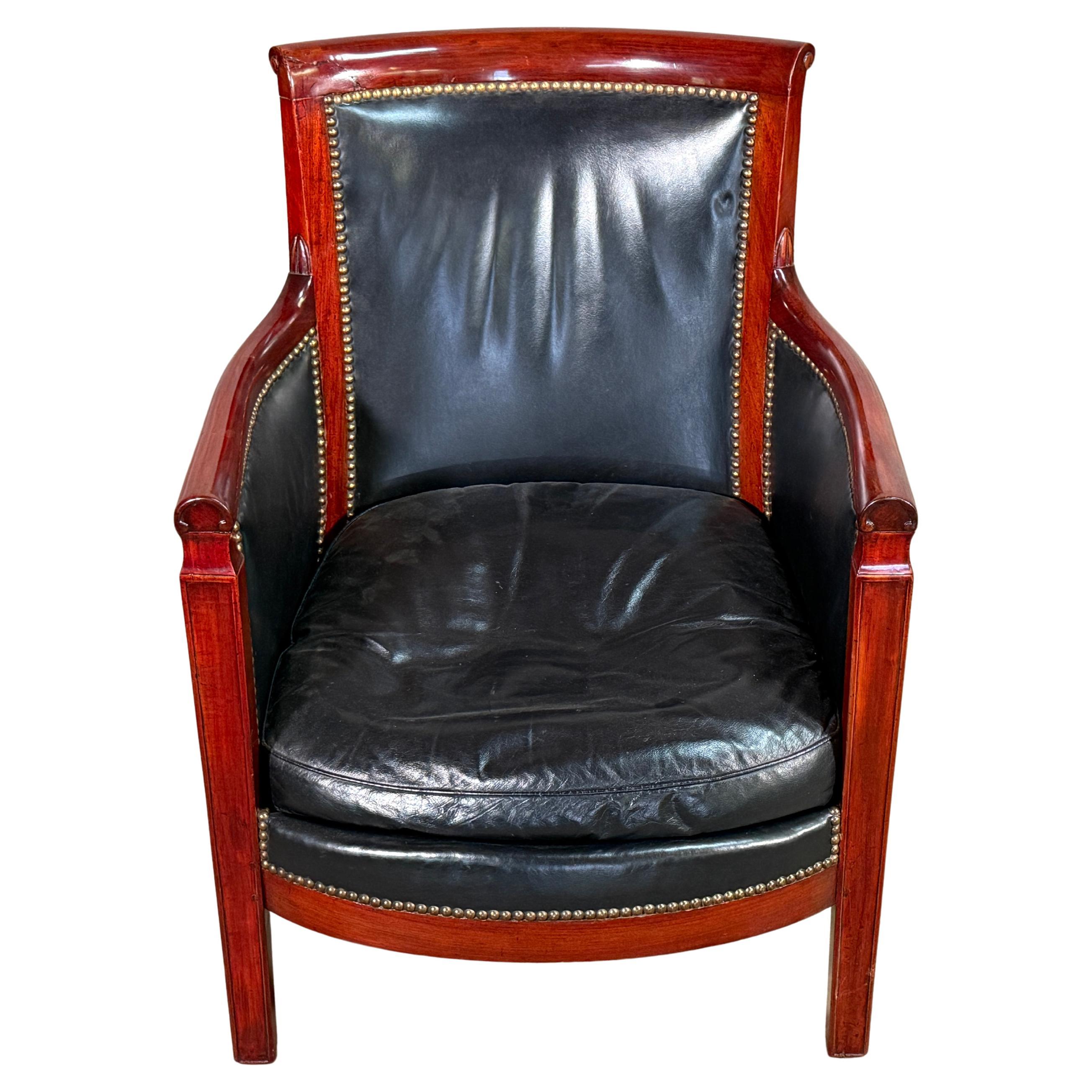 French Empire Mahogany Bergere With Blade Leather Upholstery For Sale