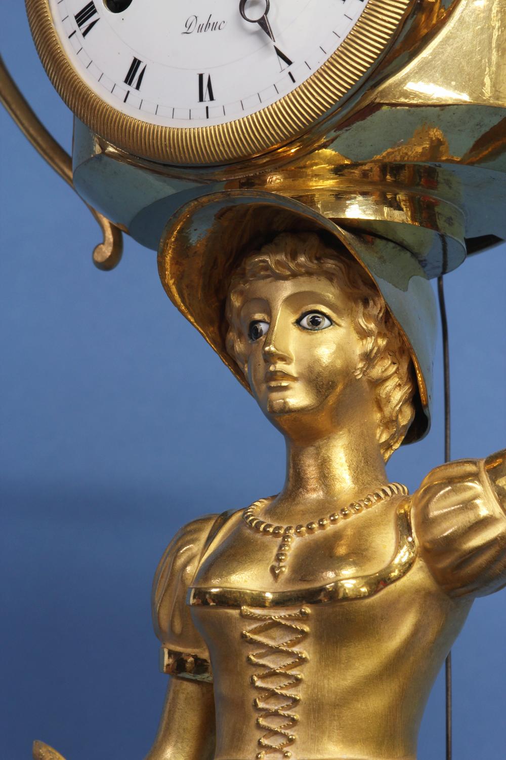 Ormolu c.1810 French Figural Mantle Clock Signed Dubuc. For Sale