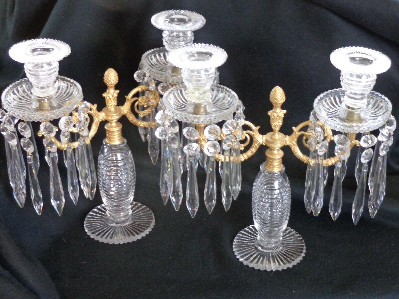 c1810 Pair Expertly Cut Glass w/ Ormolu Candelabra/ Candle Holders. The cut glass is extraordinary, the Ormolu shines. This is a high quality piece of Gorgian history.