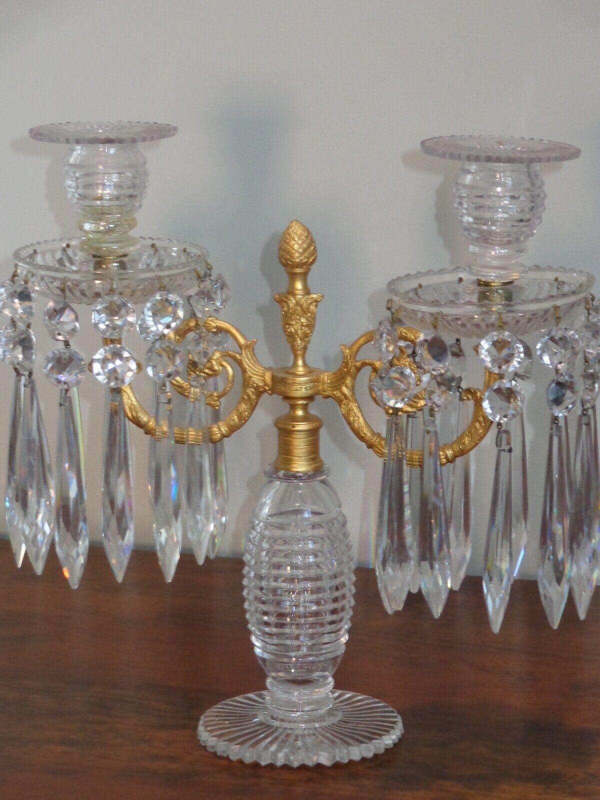 English c1810 Georgian Regency Cut Glass Ormole Candelabra / Candle Holders