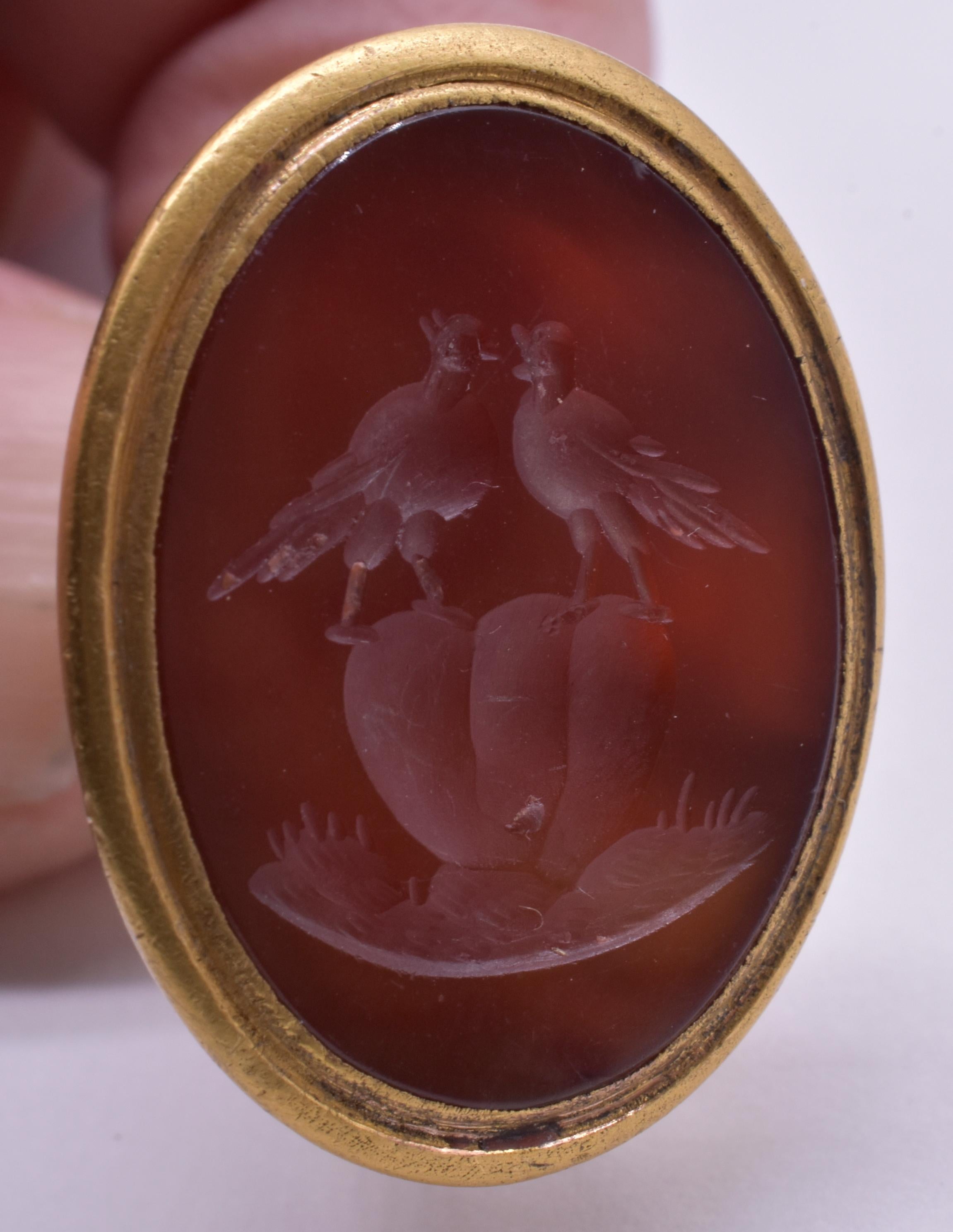 Cabochon Silver Gilt Carnelian Intaglio Fob of Lovebirds Perched on Hearts, circa 1810