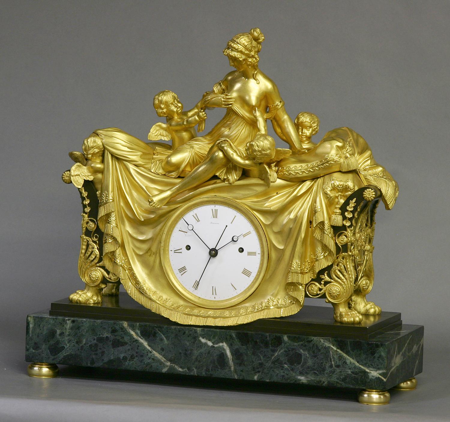 c.1812 English Patinated, Ormolu and Marble Figural Mantle Clock For Sale 1