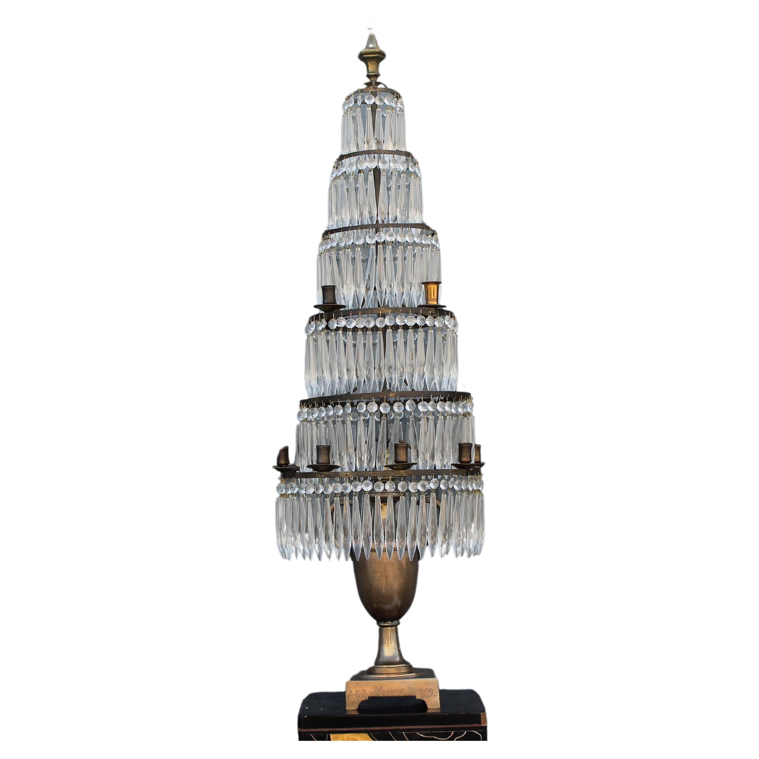 Lampadaire torchère néoclassique à 6 niveaux en cristal taillé et bronze, c1819 en vente