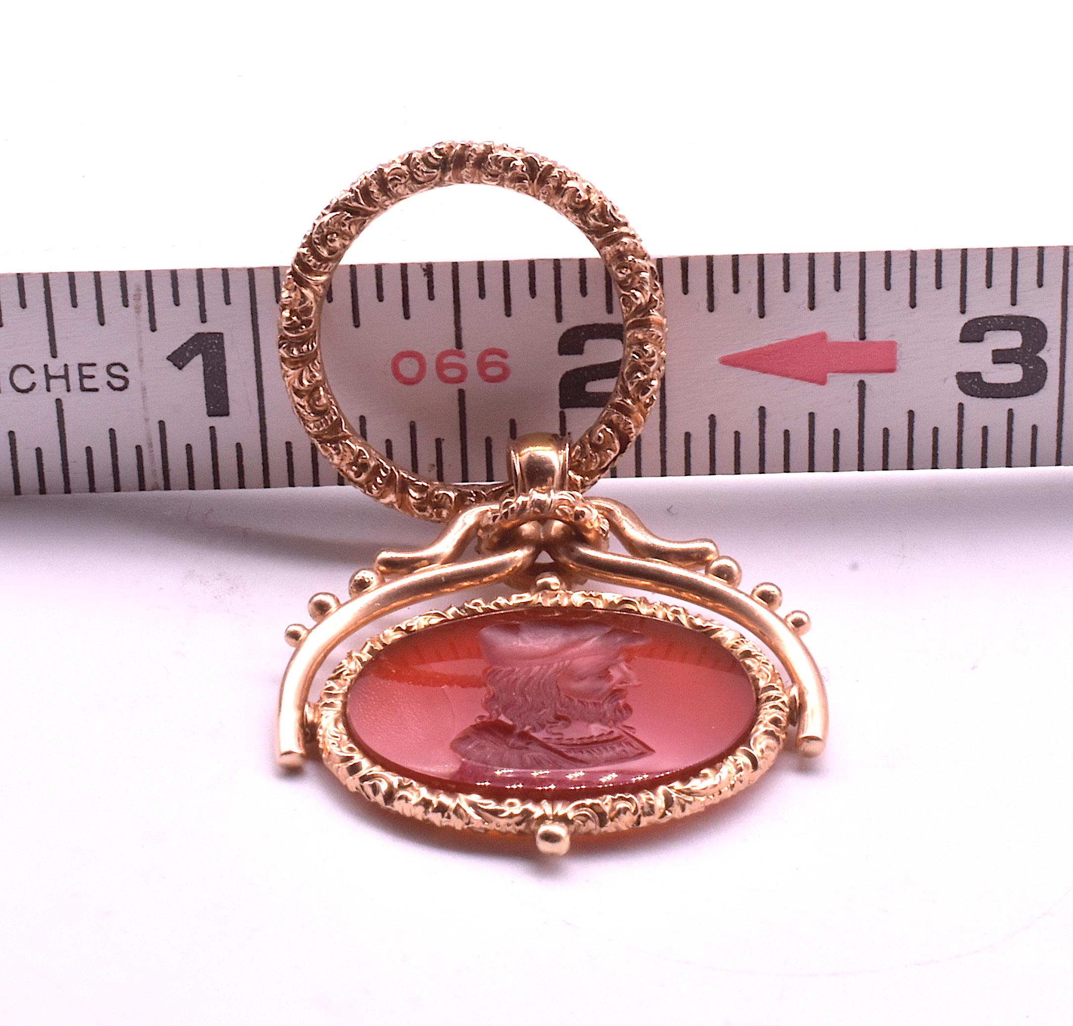 Cabochon C1820 15k Regency Carnelian Swivel Fob with Repousse Jump Ring