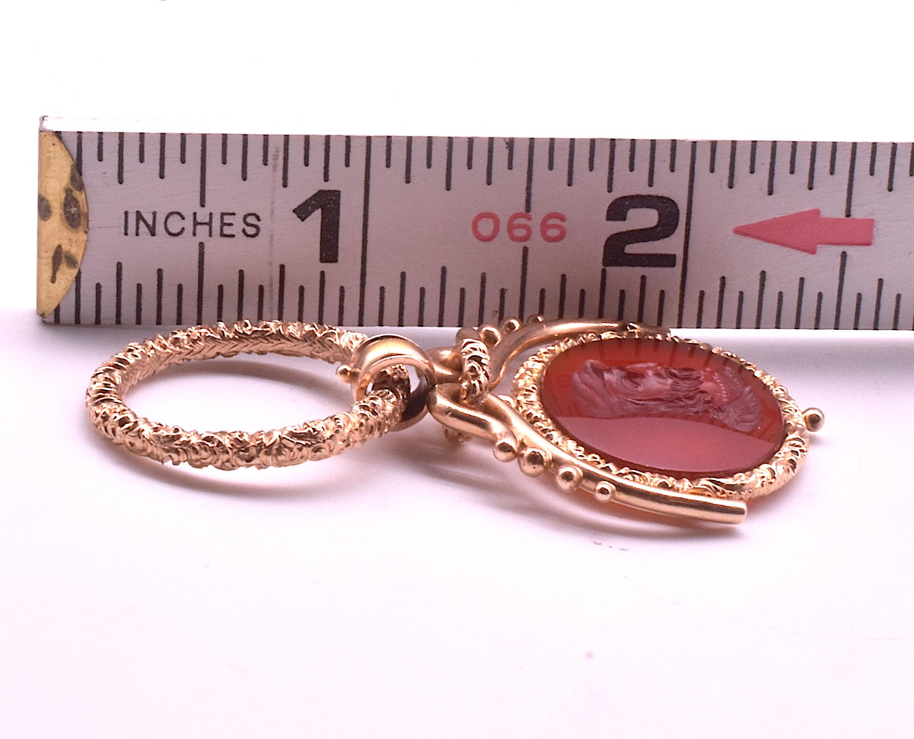 C1820 15k Regency Carnelian Swivel Fob with Repousse Jump Ring In Excellent Condition In Baltimore, MD