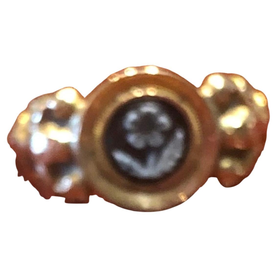 Oval Cut C1820 18K Onyx Forget Me Not Mourning Ring w Intricately Carved Shoulders For Sale