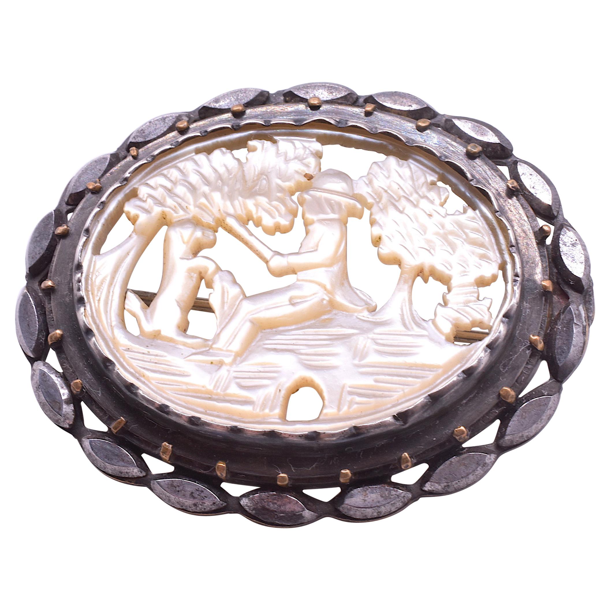 C1820 Brooch of Mother of Pearl Carving of Gentleman and His Loyal Dog