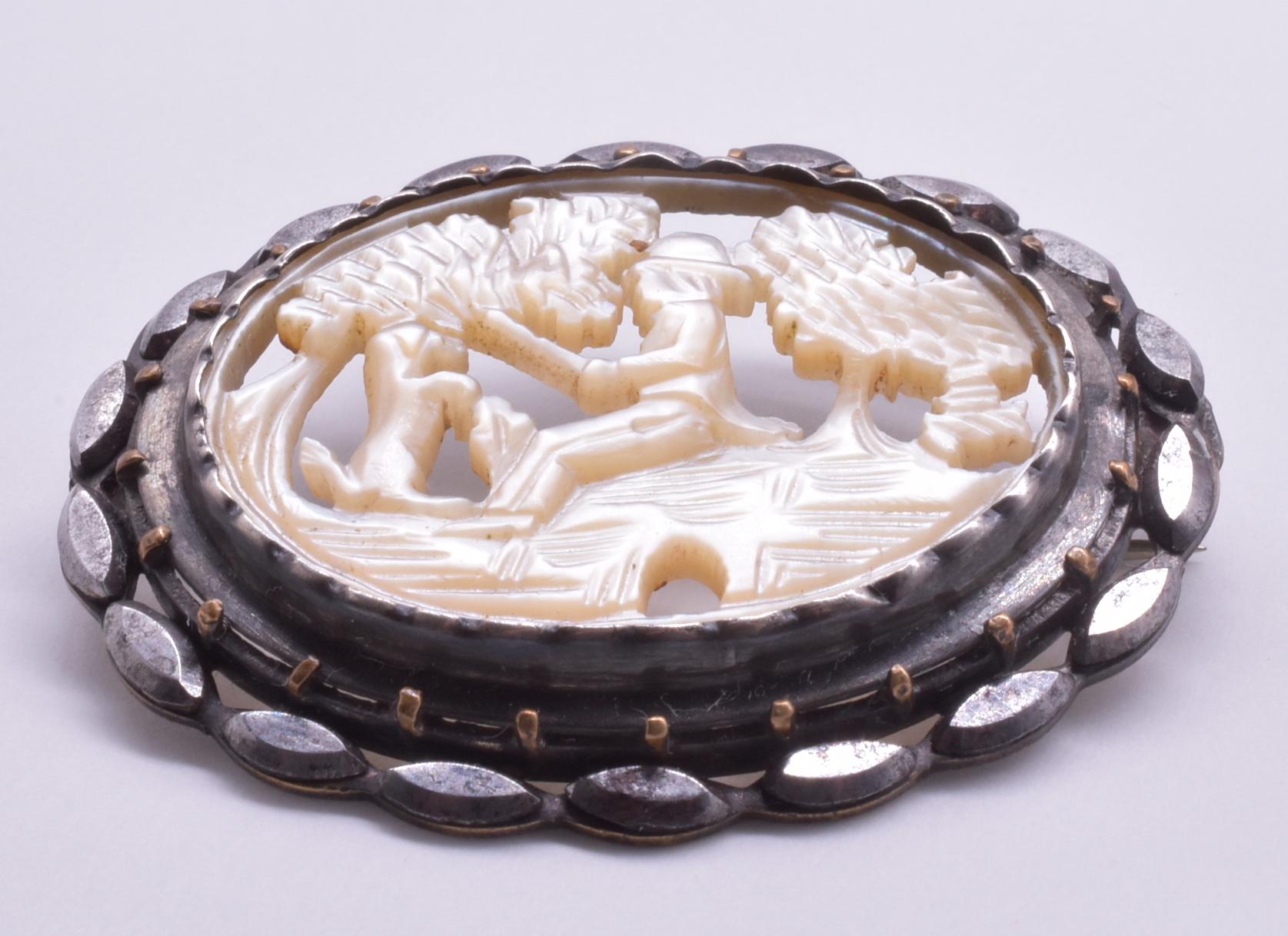 C1820 Brooch of Mother of Pearl Carving of Gentleman and His Loyal Dog  For Sale 7