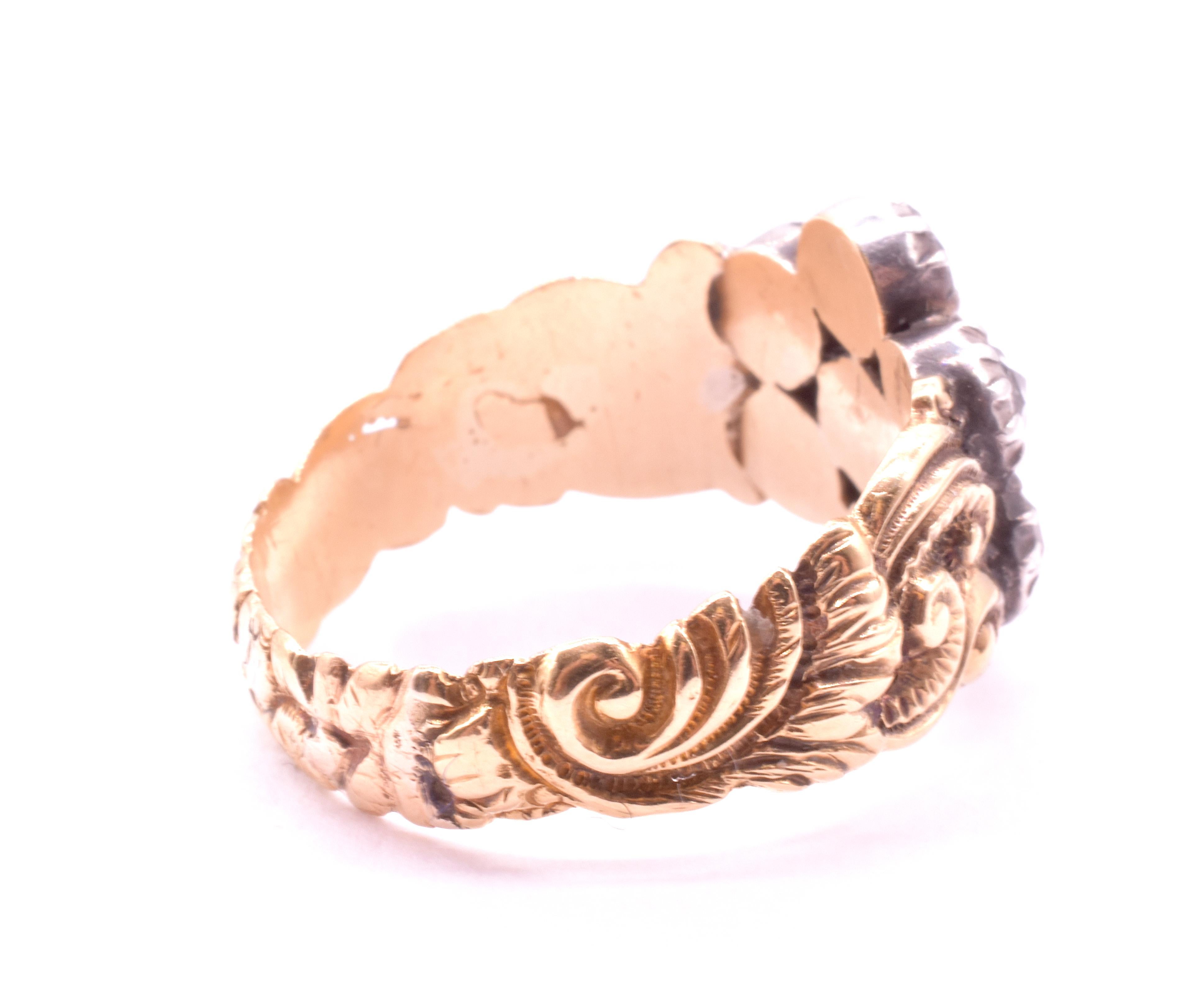 Old Mine Cut C1820 Georgian Diamond Flower Cluster Ring w Carved Repousse Band For Sale