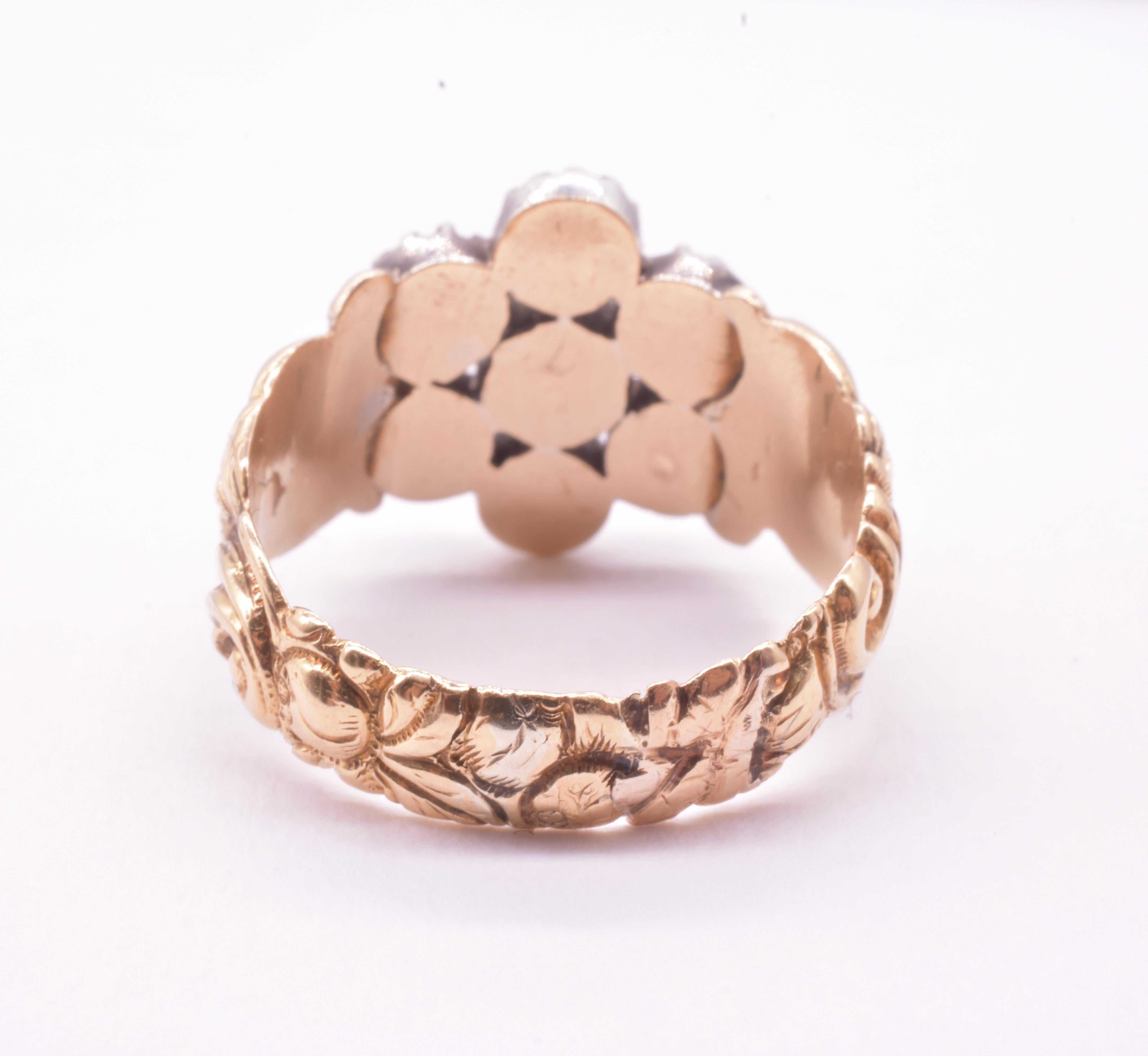 Women's C1820 Georgian Diamond Flower Cluster Ring w Carved Repousse Band For Sale