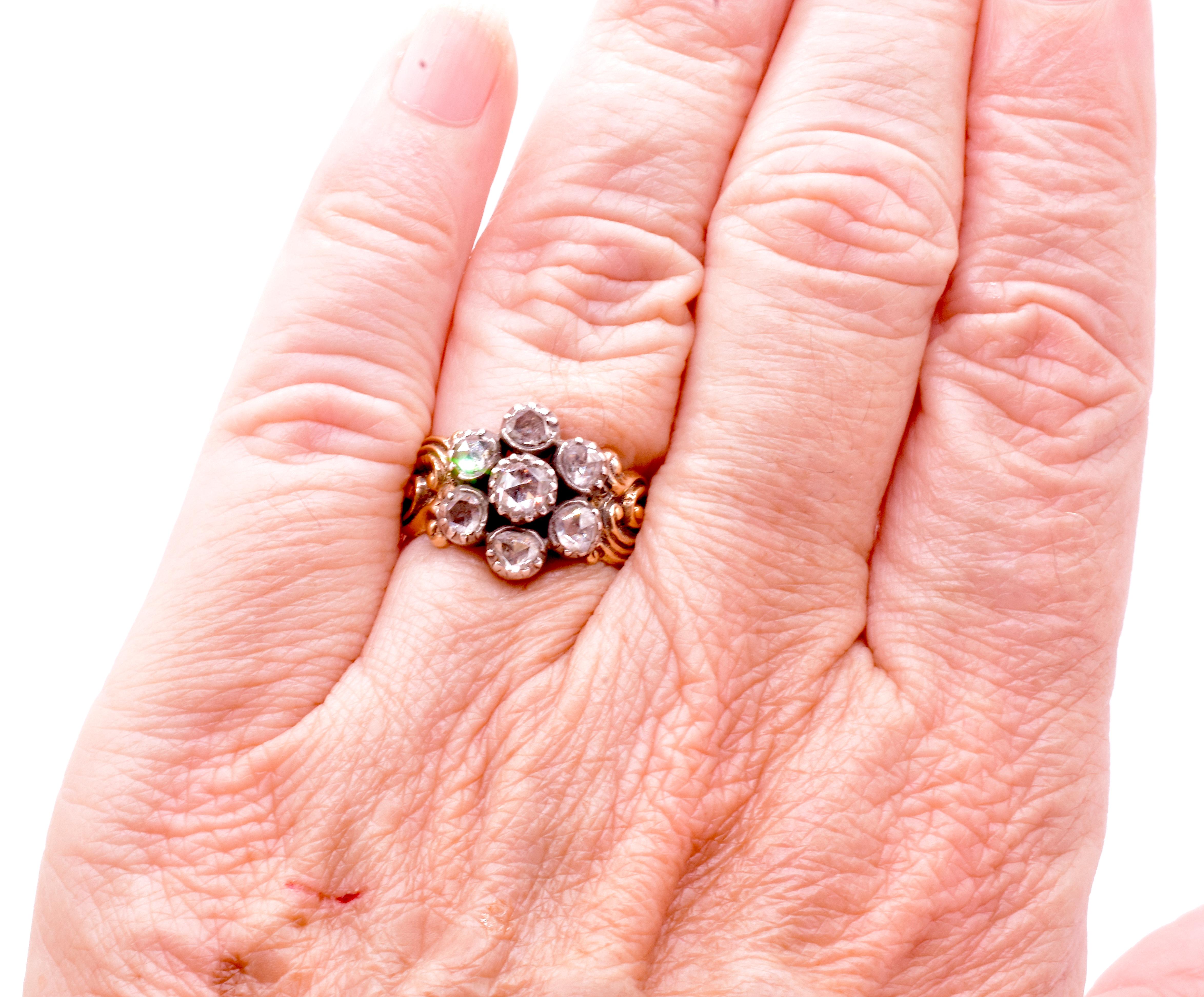 C1820 Georgian Diamond Flower Cluster Ring w Carved Repousse Band For Sale 1