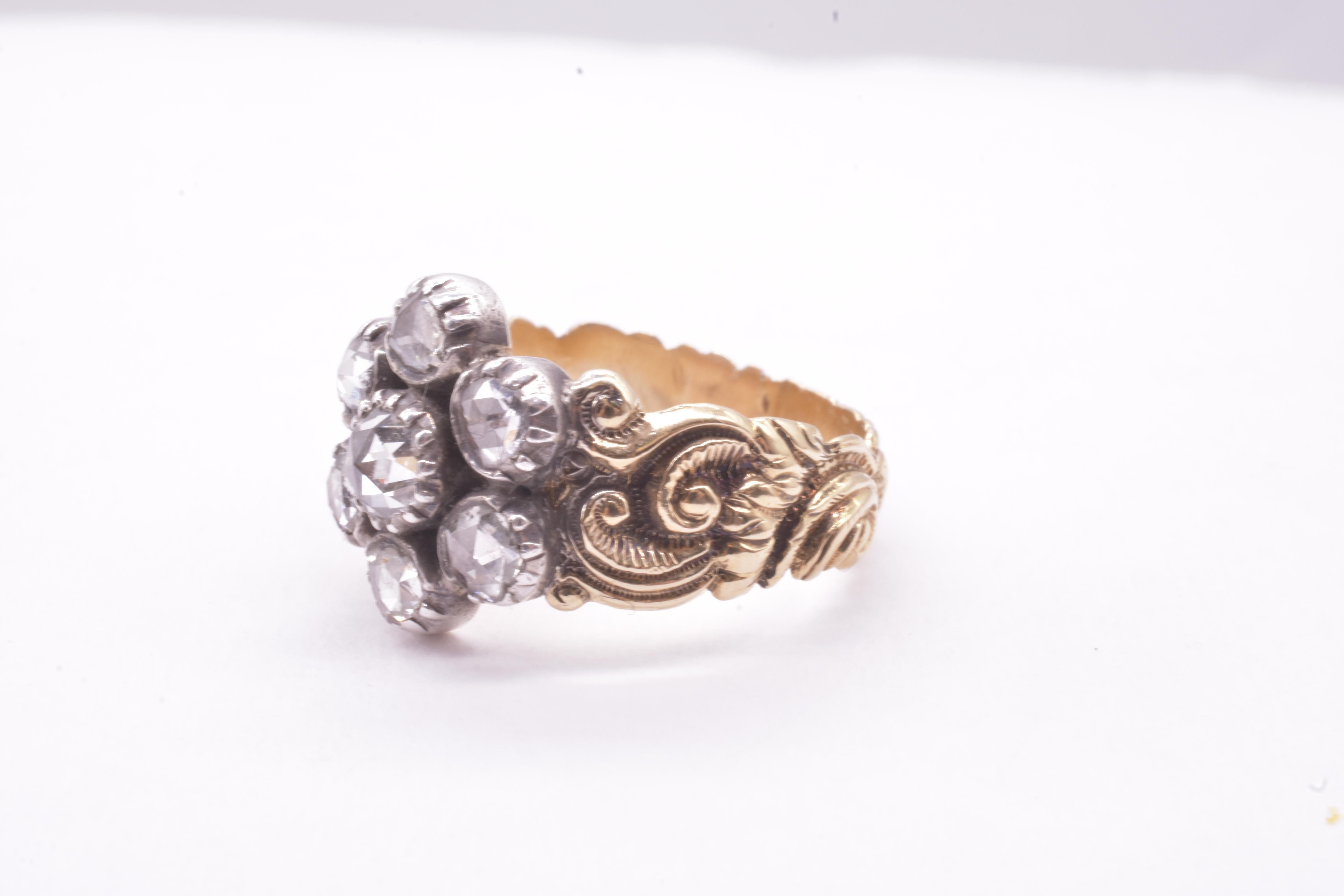 C1820 Georgian Diamond Flower Cluster Ring w Carved Repousse Band For Sale 2