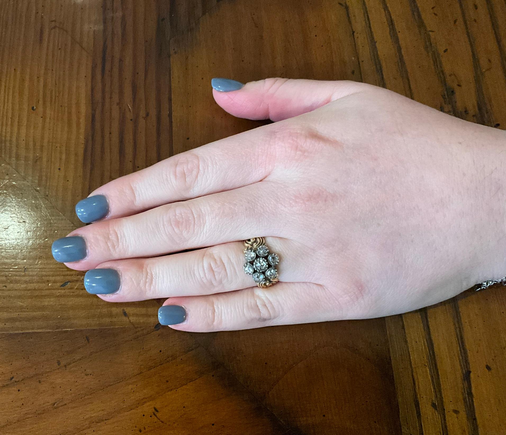 C1820 Georgian Diamond Flower Cluster Ring w Carved Repousse Band For Sale 3