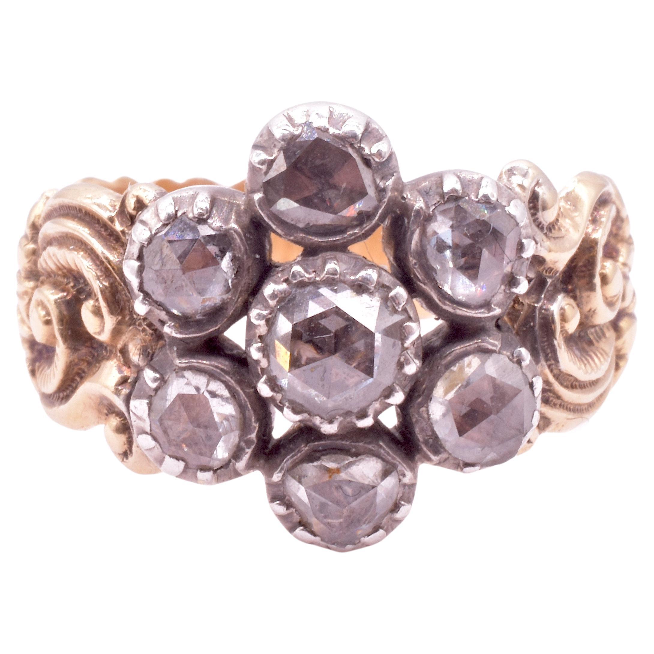 C1820 Georgian Diamond Flower Cluster Ring w Carved Repousse Band For Sale