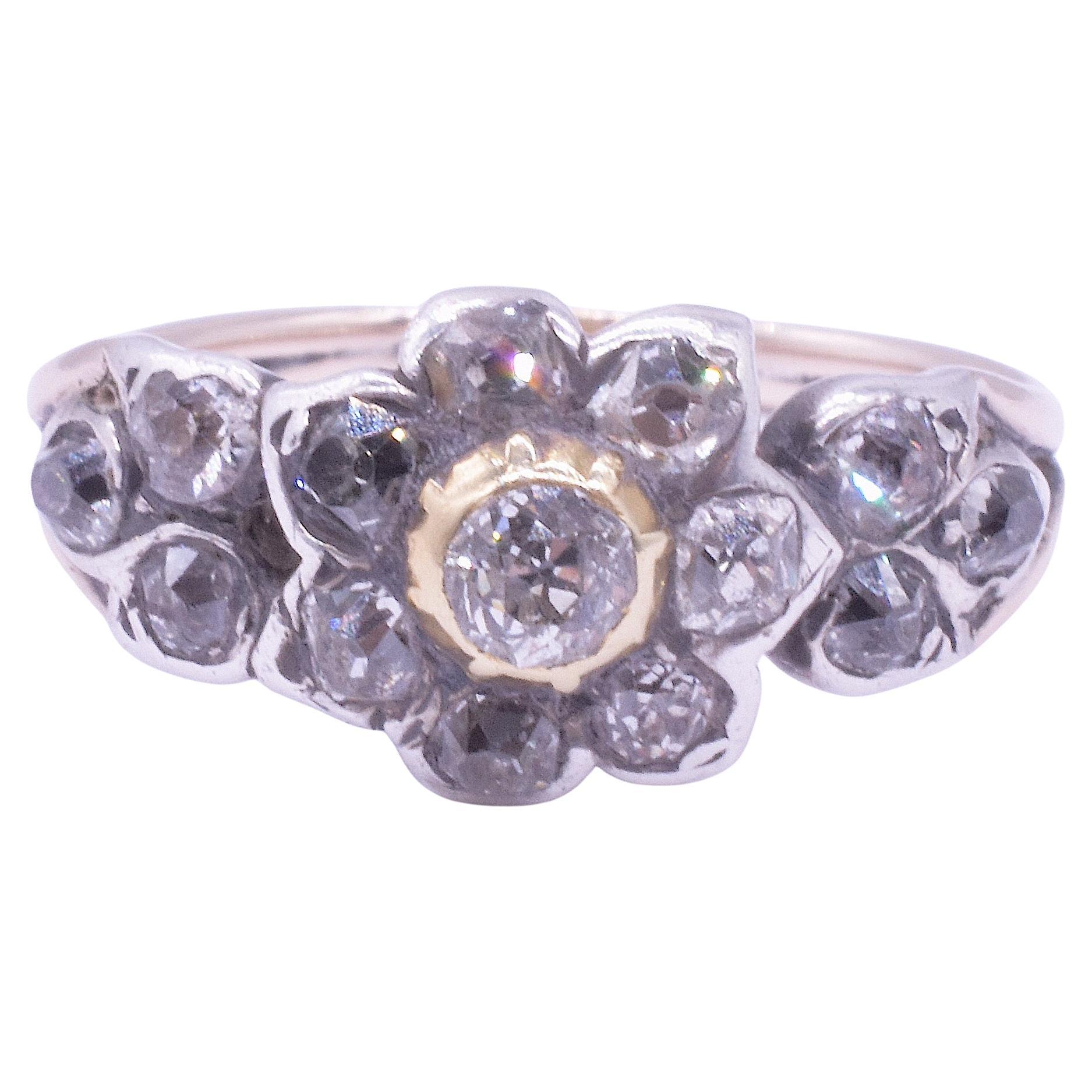 C1820 Georgian Diamond Flower Cluster Ring with Crimped Gold Bolder