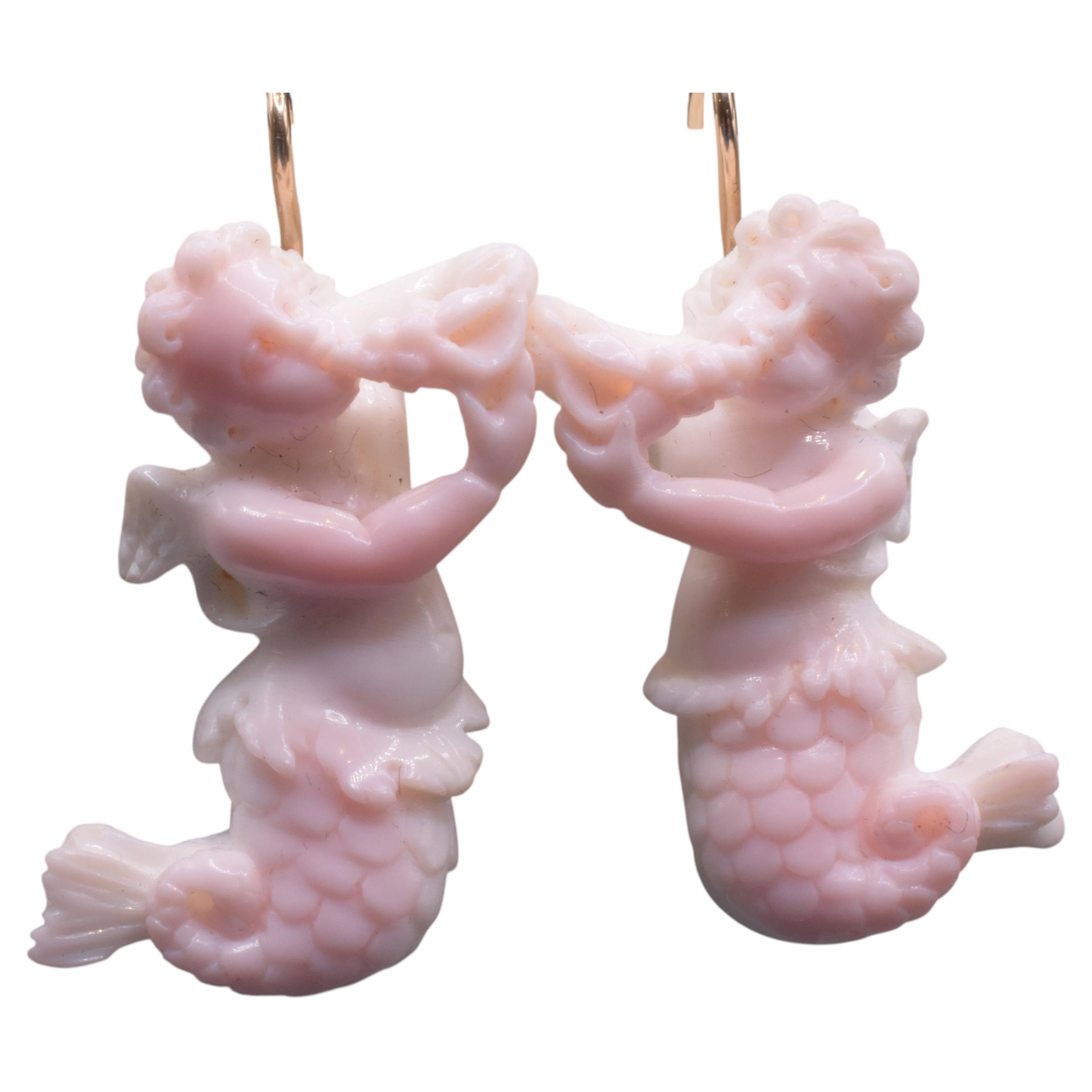 C1860 Hand Carved Conch Shell Earrings of Tritons For Sale