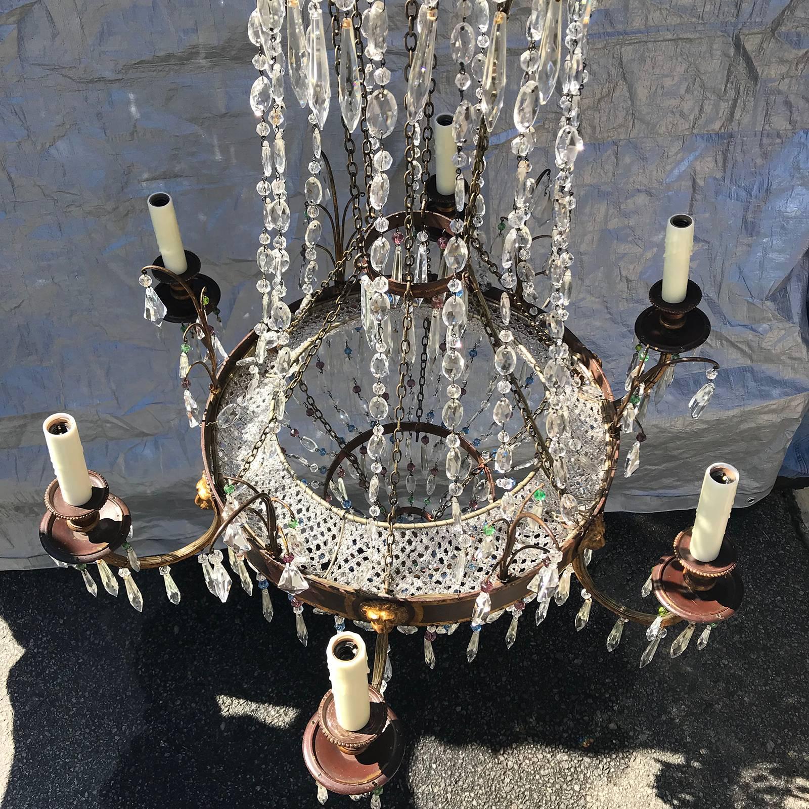 Regency Style Clear and Colored Cut Glass and Gilt Metal Six-Light Chandelier 6