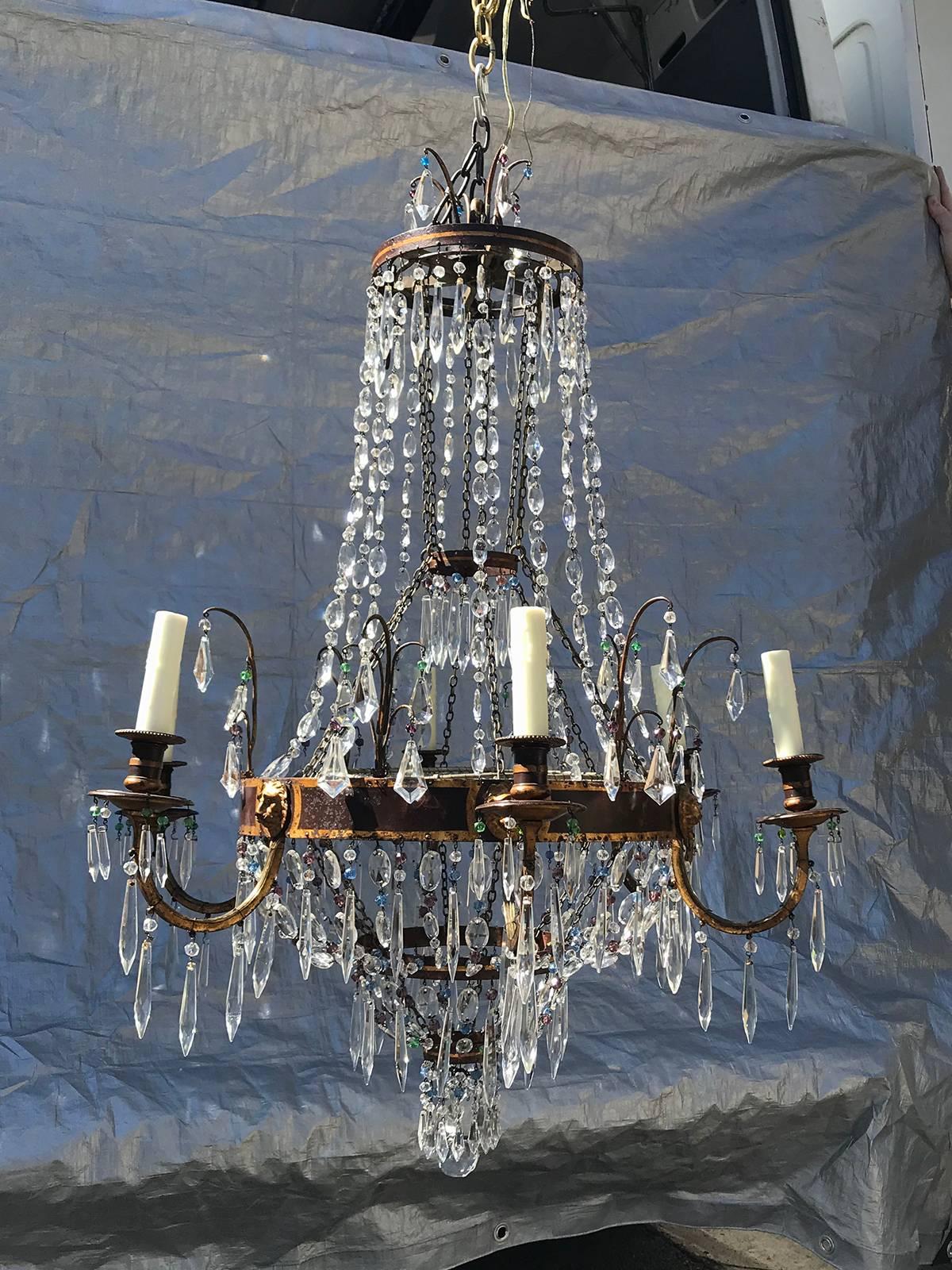 Regency Style Clear and Colored Cut Glass and Gilt Metal Six-Light Chandelier 7