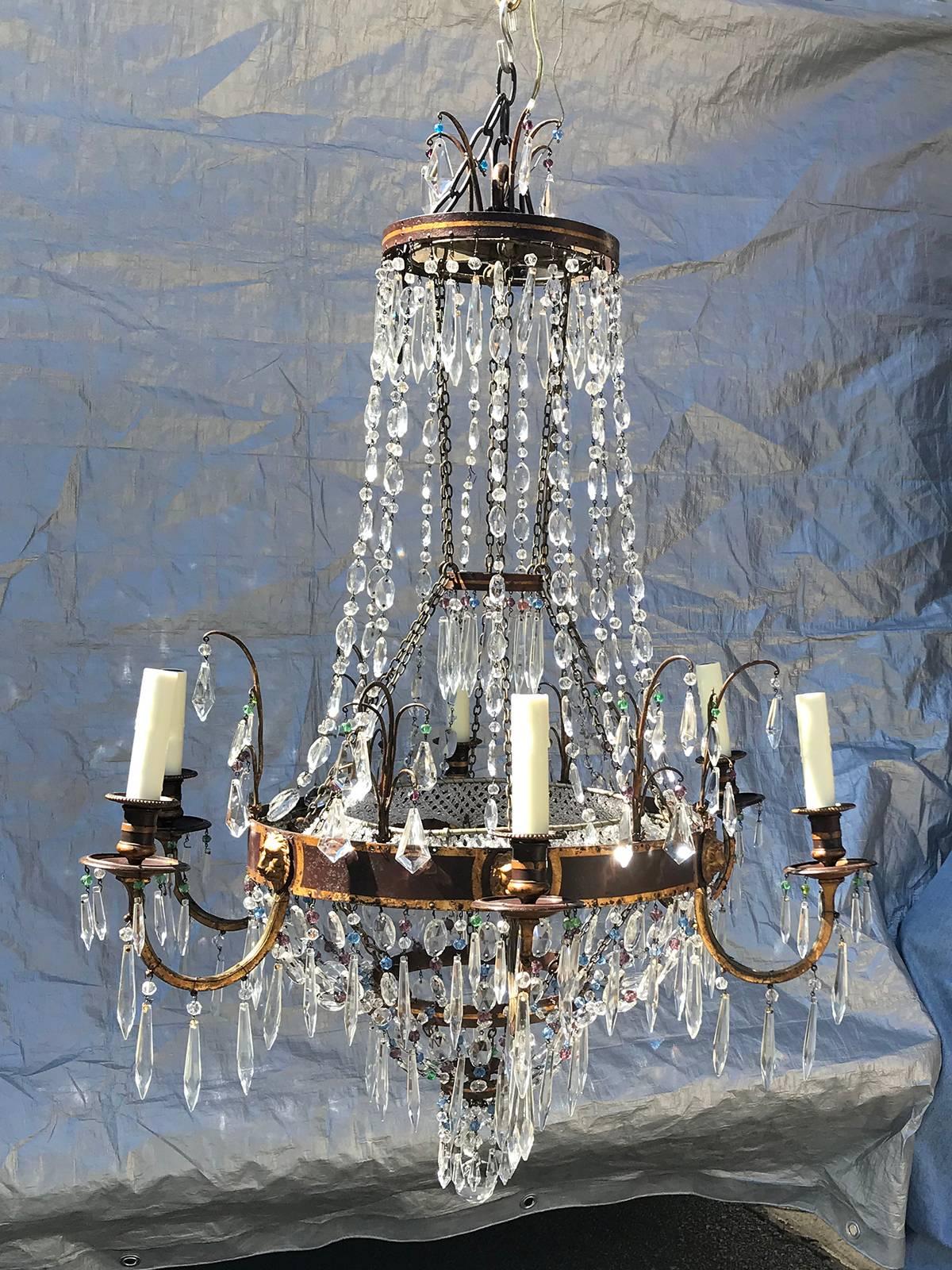 Regency style clear and colored cut glass and gilt metal six-light chandelier, circa 1820.