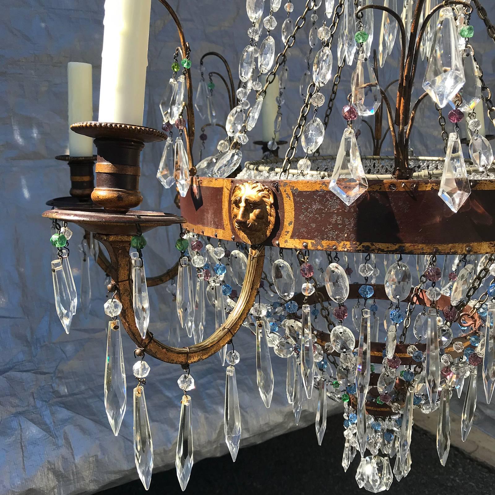 Regency Style Clear and Colored Cut Glass and Gilt Metal Six-Light Chandelier In Good Condition In Atlanta, GA