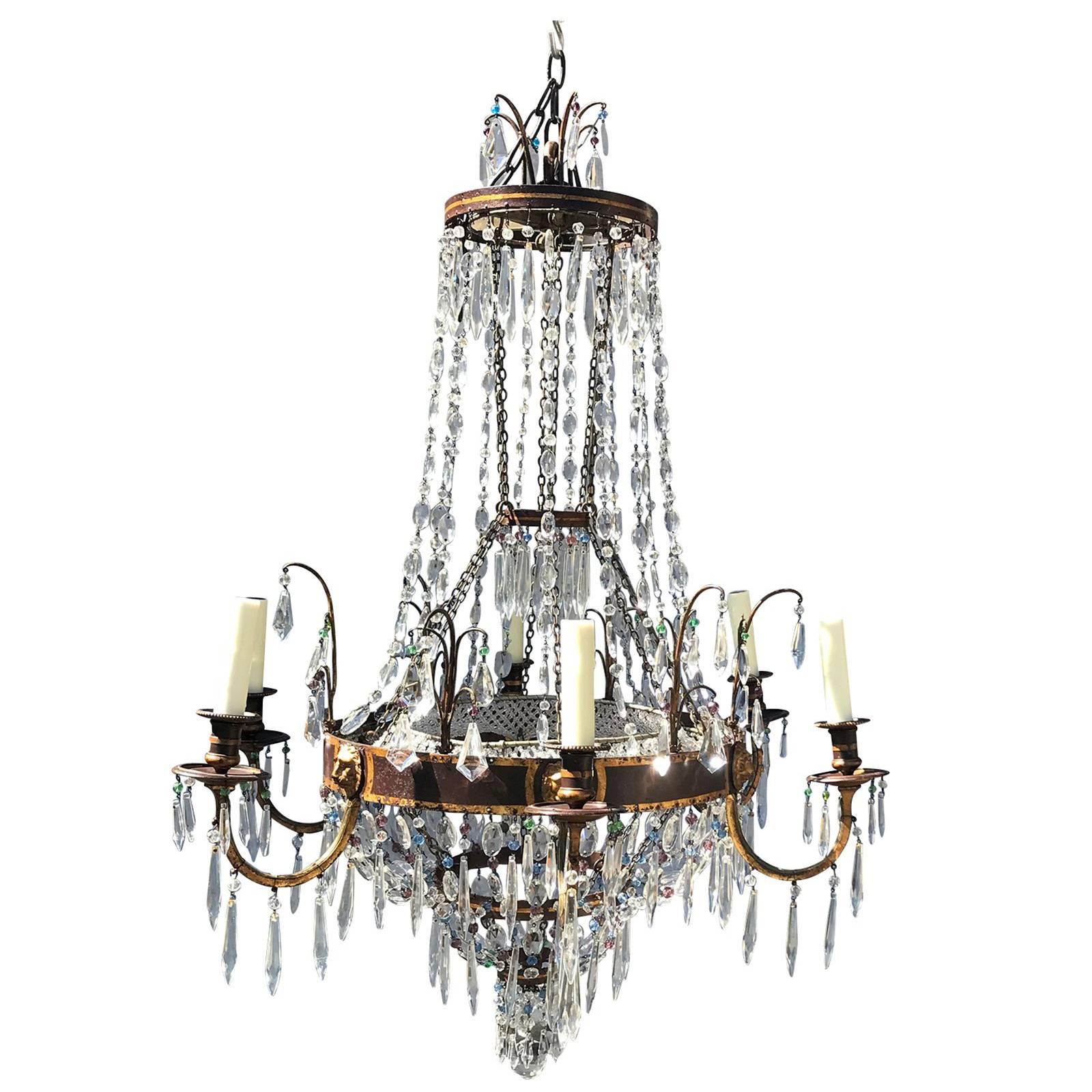 Regency Style Clear and Colored Cut Glass and Gilt Metal Six-Light Chandelier