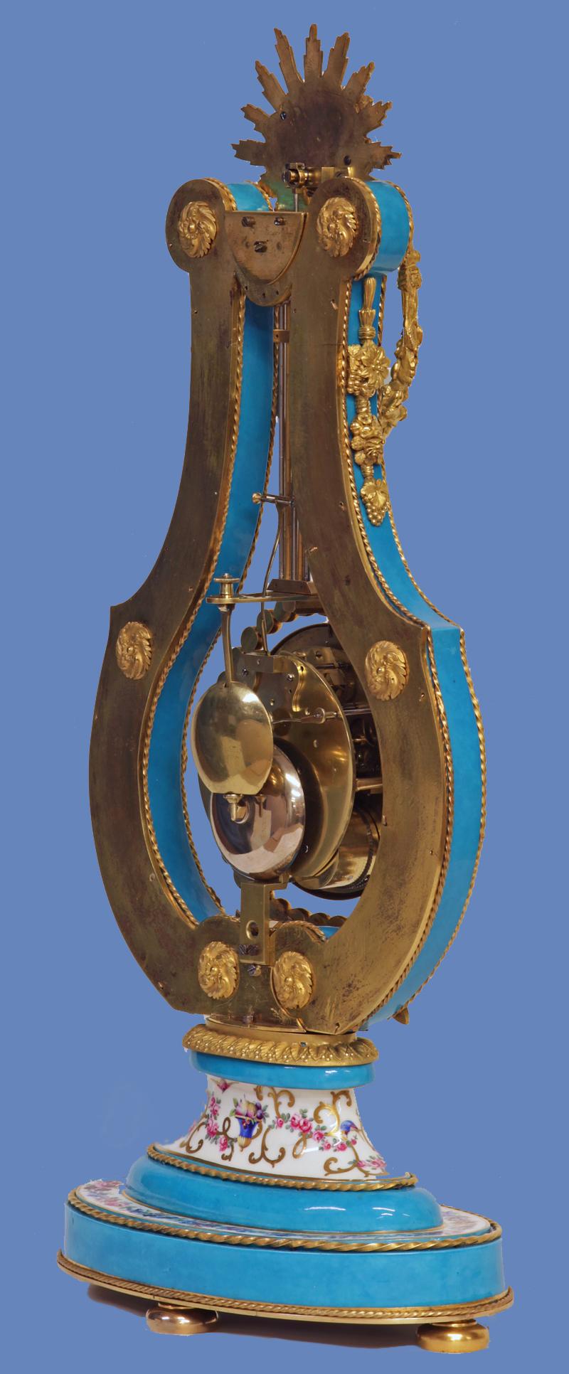 19th Century c.1820 Very Rare Ormolu and ‘bleu turquoise’ Porcelain Lyre Clock For Sale