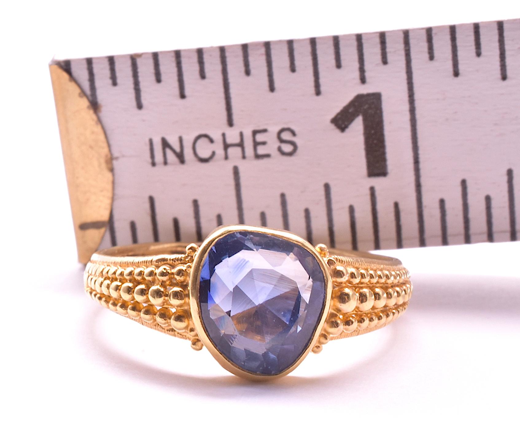 C.1830 18K Heart Shaped Natural Sapphire Ring with Gold Beadwork 6