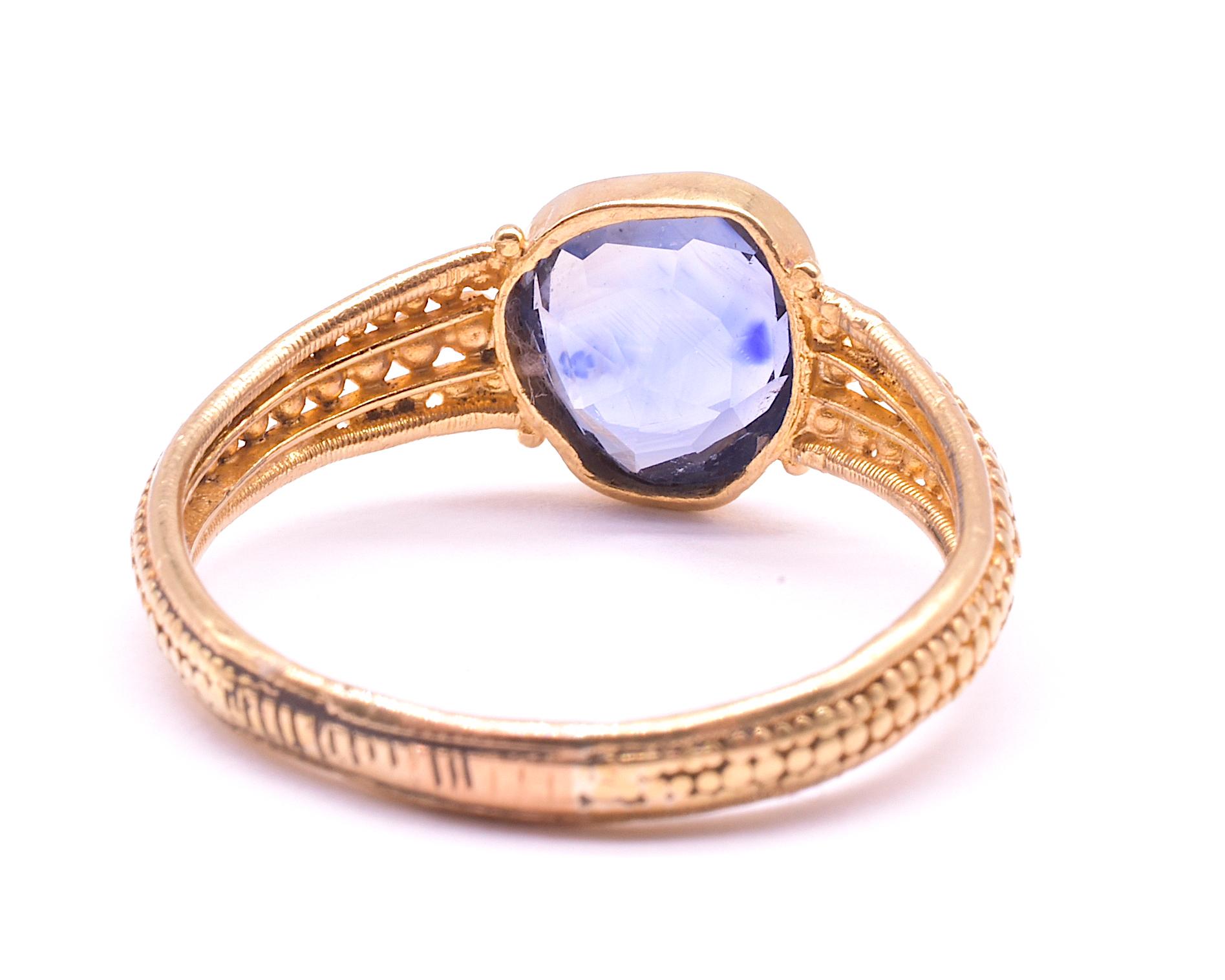 Rose Cut C.1830 18K Heart Shaped Natural Sapphire Ring with Gold Beadwork