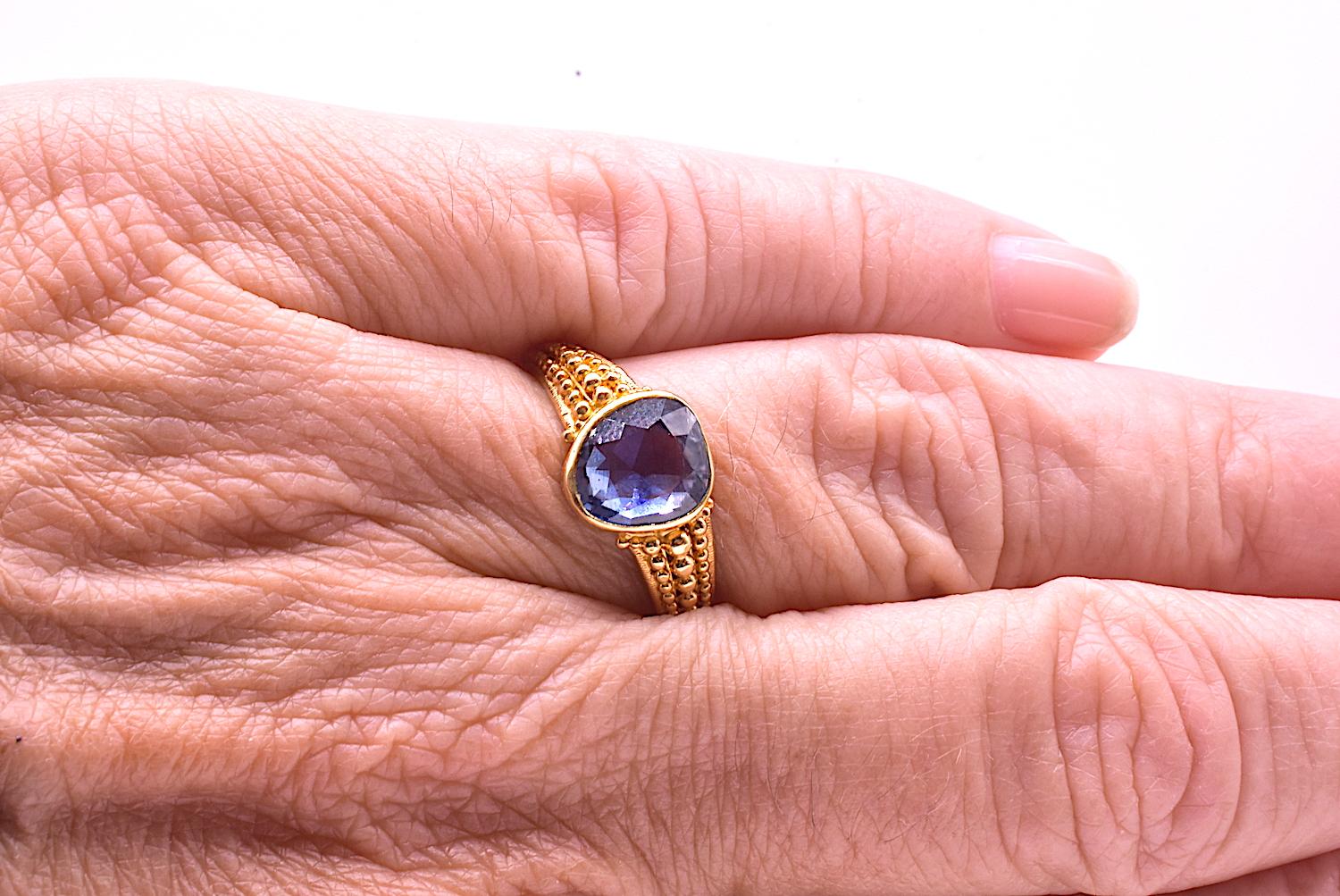 C.1830 18K Heart Shaped Natural Sapphire Ring with Gold Beadwork 1
