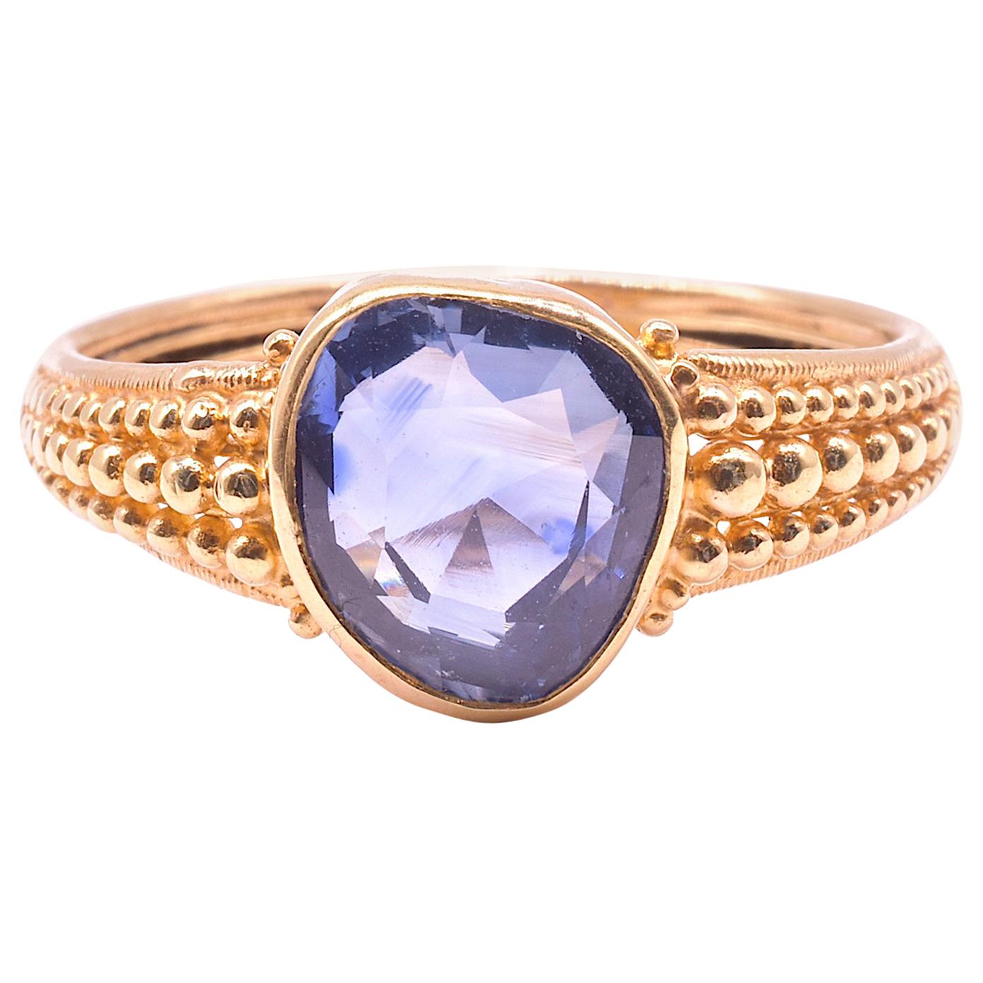 C.1830 18K Heart Shaped Natural Sapphire Ring with Gold Beadwork