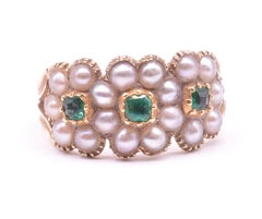 C.1830 Georgian 18K Pearl and Emerald Triple Cluster Ring