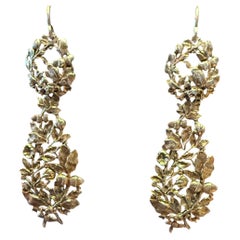 c1830 Gilded Silver Drop Earrings with Leaves, Flowers & Acorns