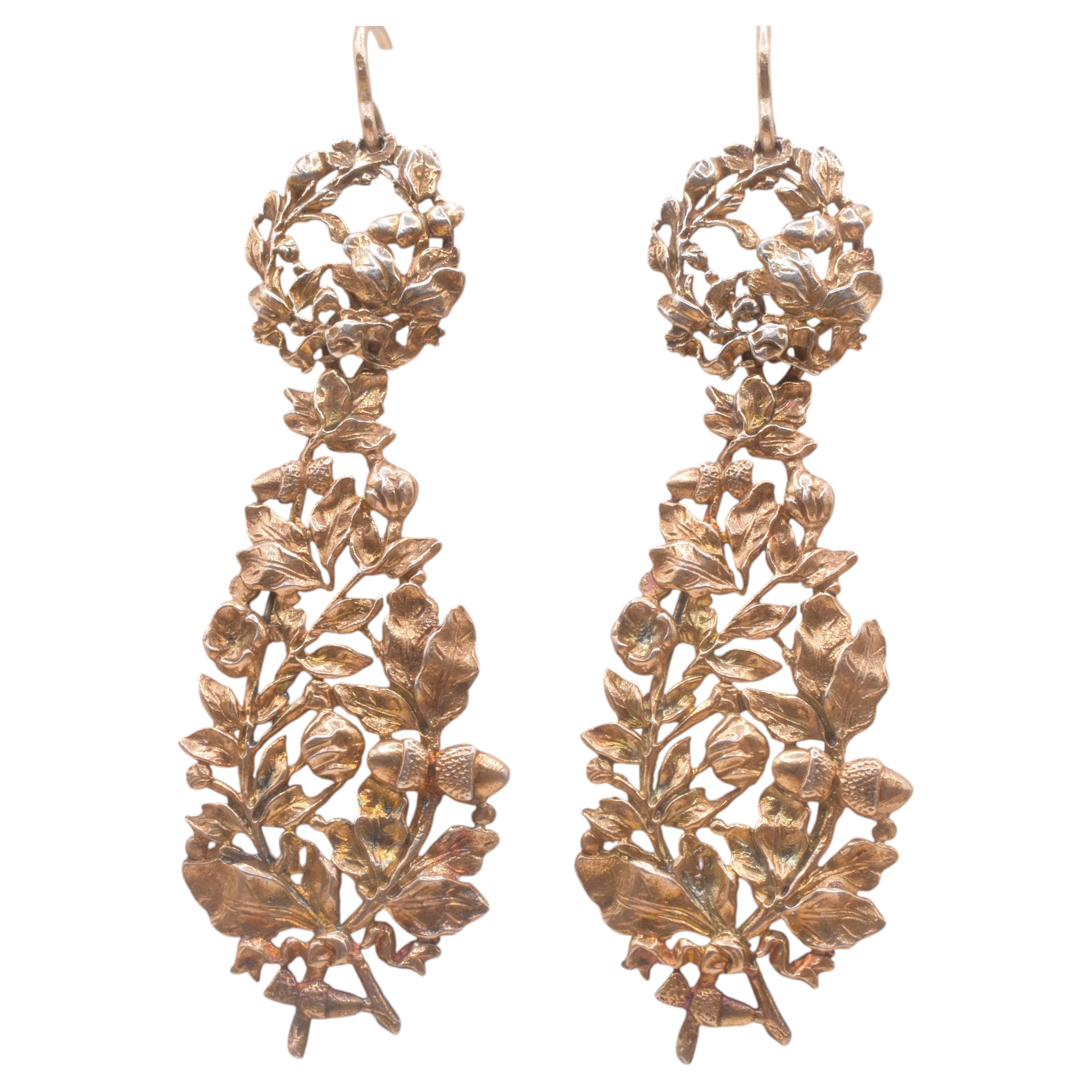 c1830 Gilded Silver Drop Earrings with Leaves, Flowers & Acorns For Sale