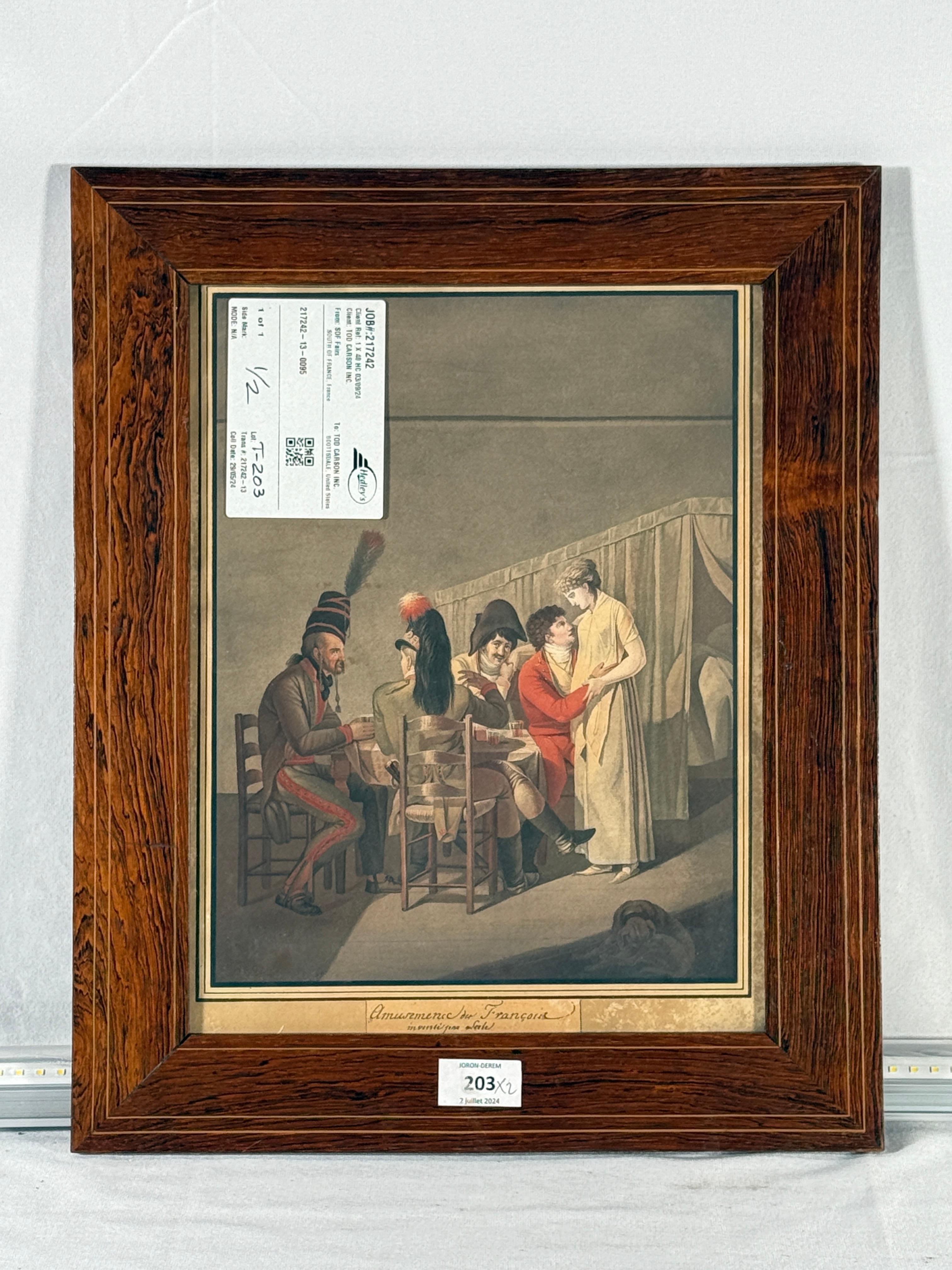C1830. Pair of French Colored Engravings Amusing Francouis. Beautiful piece purchased in France. Age appropriate wear, see detailed photos or message us with questions. 