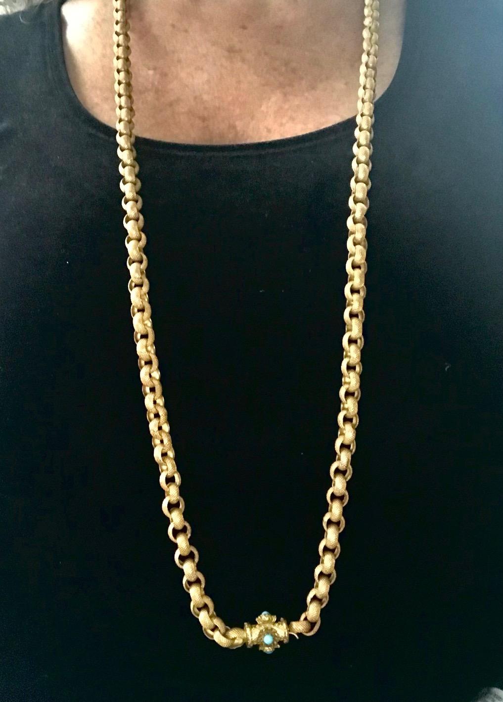 Women's Pinchbeck Muff Chain with Barrel Clasp and Turquoise Stones, circa 1830